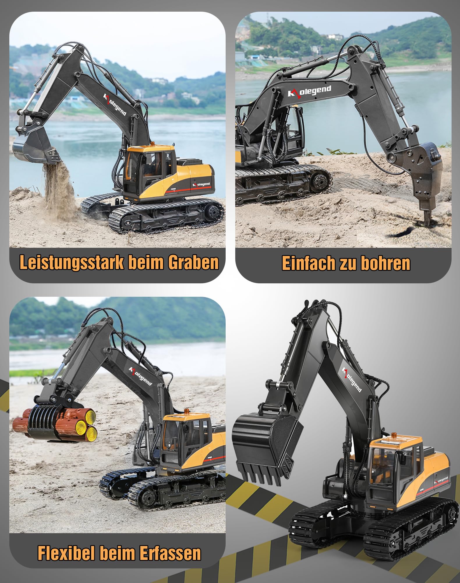 kolegend 3-in-1 Fernbedienungs-Bagger Spielzeug 1/14 Ma?stab RC-Bagger 15-Kanal-Upgrade voll funktionsf hige Baufahrzeuge mit Werkzeug Metallbrecher und elektrischem Greifer