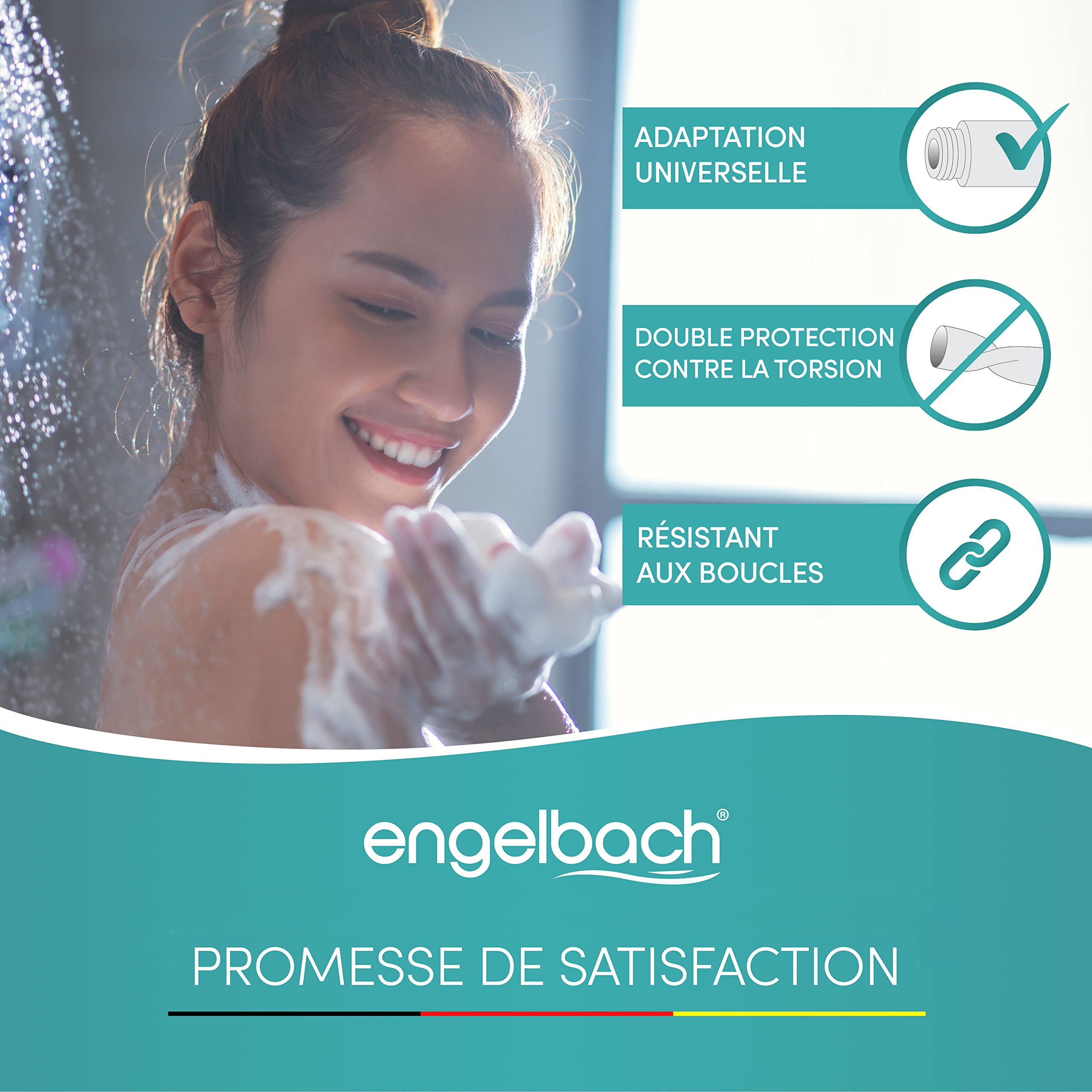 Engelbach® Tuyau douche 2m - Flexible Acier Inoxydable Double Protection Anti-Torsion - Résistant aux Plis, Raccord Universel ½” - Fabriqué en Allemagne