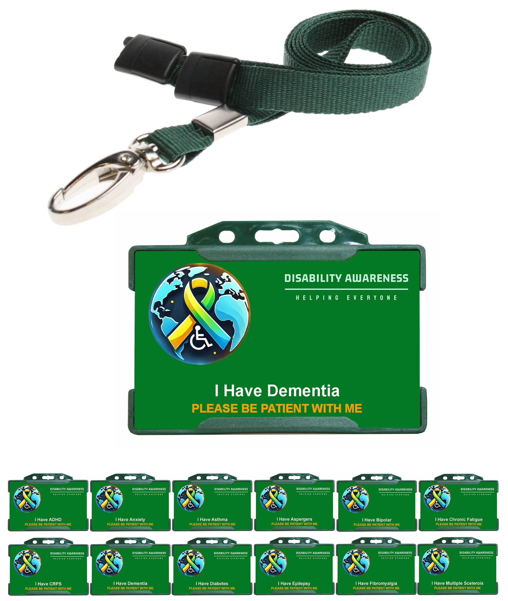 Quantum leap Dementia Awareness Badge with Plain Hidden Disabilities Lanyard, Uniting The World Logo Hidden Disability Card with Green Badge Holder and Green Lanyard — image 1
