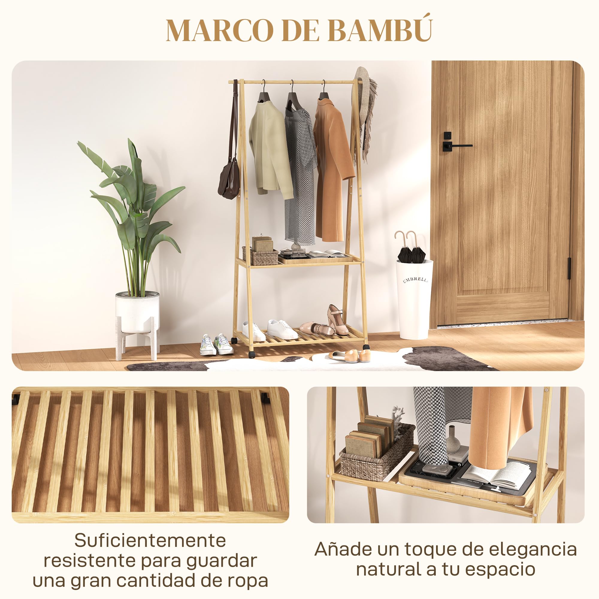 HOMCOM Burro para Ropa de Bambú con 2 Ganchos 84,5x43,5x158 cm Natural | Perchero, Burro para Ropa con Ruedas, 2 Estantes Abiertos, para Entrada Pasillo Dormitorio
