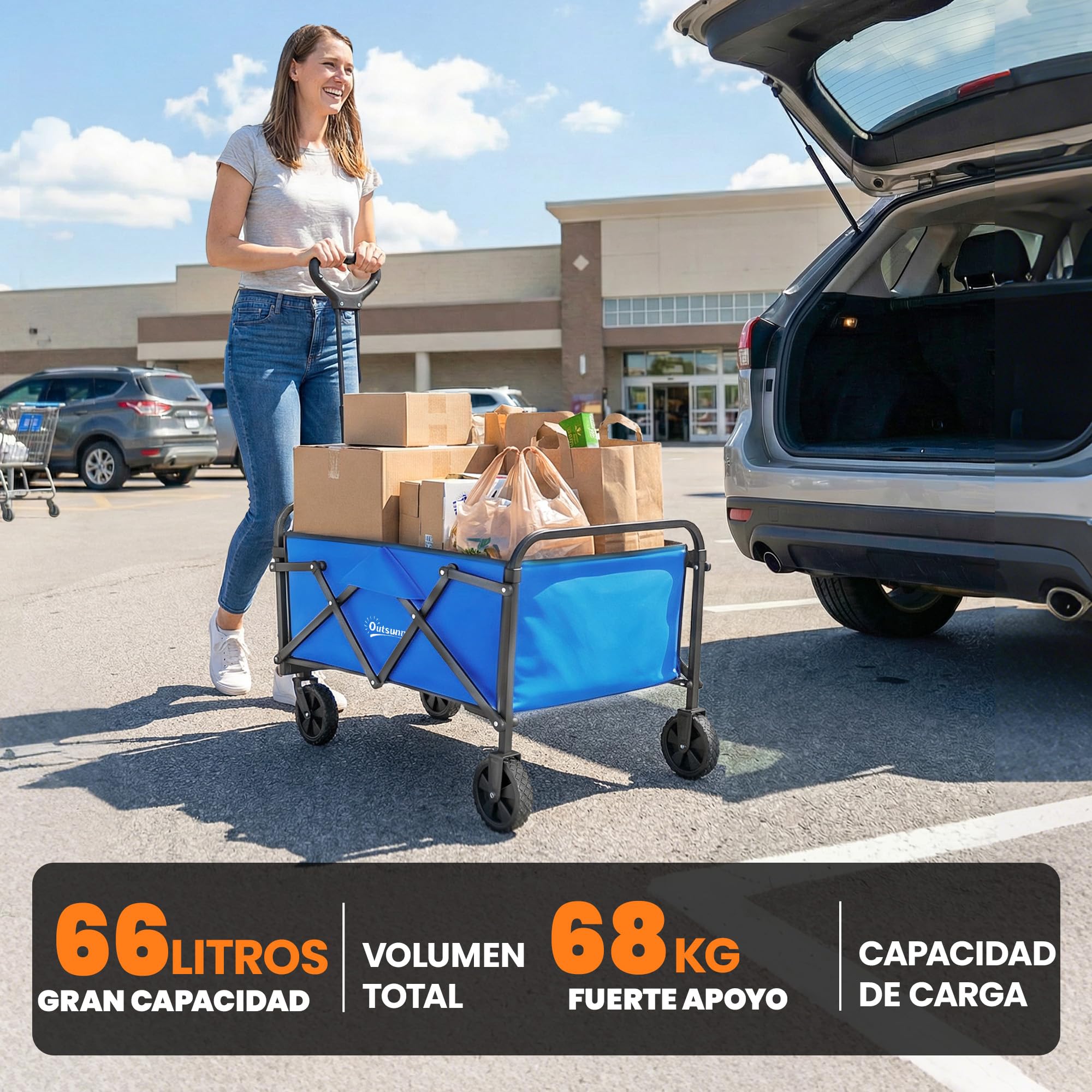 Outsunny Carro Playa con Ruedas, Carro de Jardín Plegable con Mango Ajustable, Marco de Metal, Carga 68 kg, Carrito Transporte para Todo Terreno, Jardín, Campaña, Compra, Azul