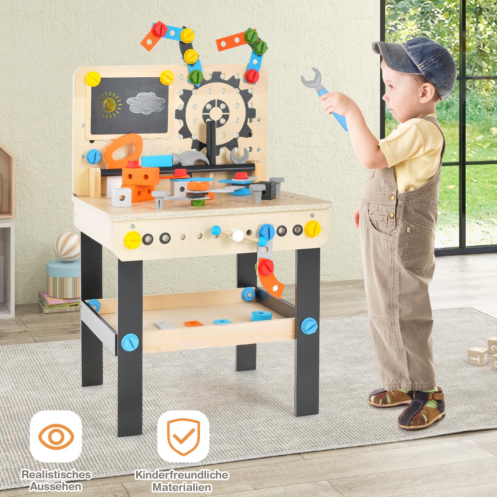COSTWAY Werkzeugbank für Kinder, Werkbank Holz mit Tafel, hängendem Werkzeugständer & Zubehör, Spielzeug-Werkbank Werkstatt für Kinder ab 3 Jahren (Natur)