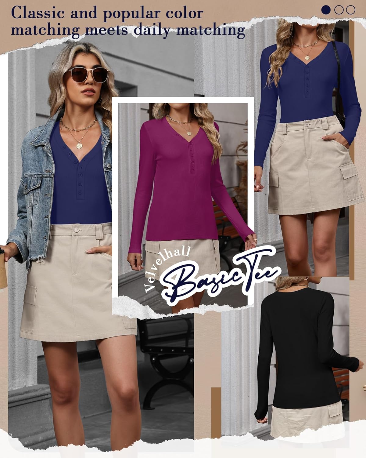 3 Pack Women's Long Sleeve Henley Shirts Cotton V Neck Ribbed Knit Tops Slim Fit Casual Tees Fall Basic Blouses(Black, Navy Blue, Fuchsia,XX-Large) - Image 5