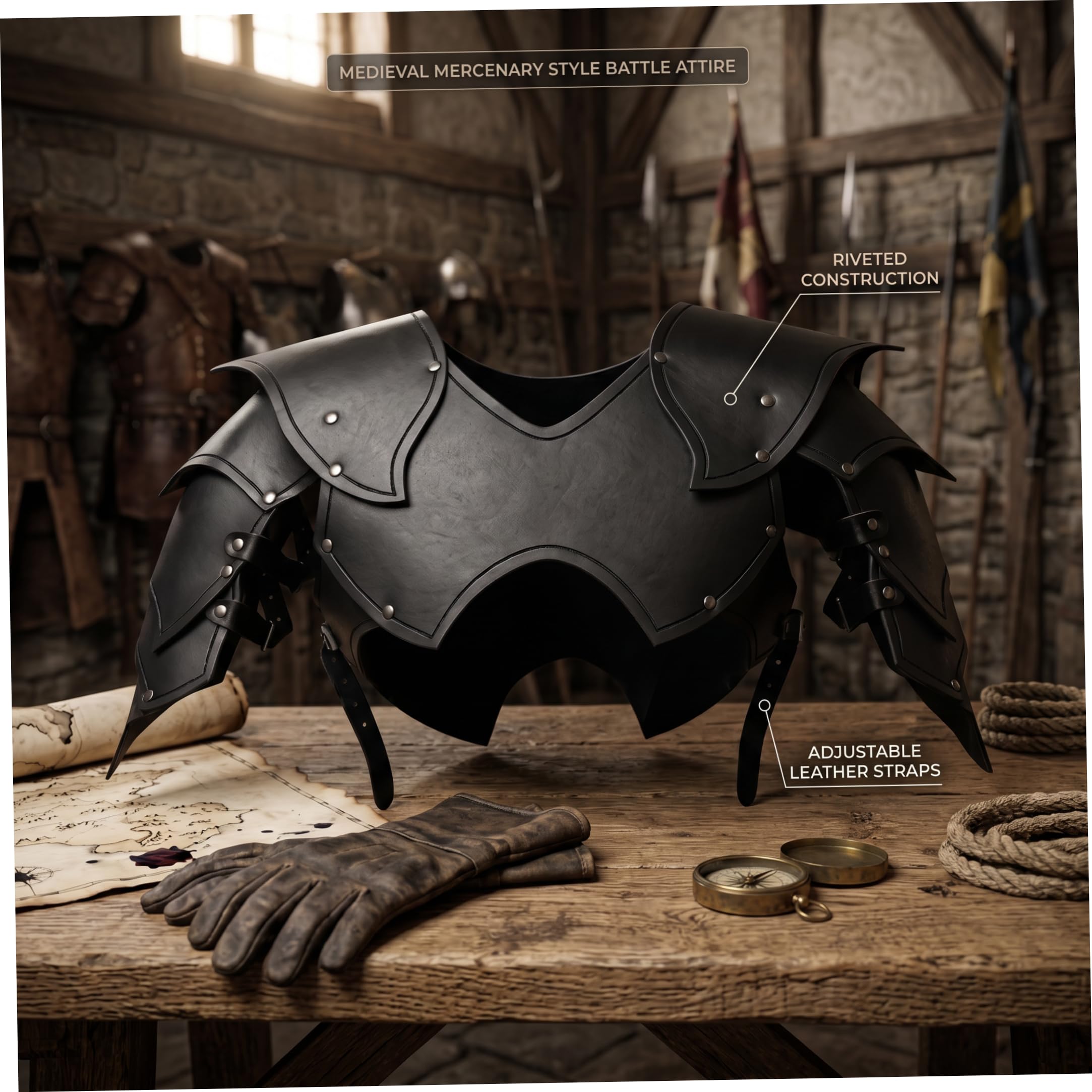 Armatura Medievale da Uomo, Armatura Integrata per Spalle e Torace, Vichingo per spettacoli Larp Cosplay - Nero