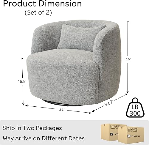 Miniatura 11 de KINWELL Juego de 2 sillas giratorias de barril Boucle de 34 pulgadas de ancho, sin montaje, sillones tapizados redondos, sillas decorativas, sofá
