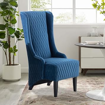 Faux Leather Kitchen Dining Chair, 23 Wide Wing Back Chair with Soft Padded & Wooden Legs, High-Back Accent Chair for Living Room Bedroom Blue Fabric, One Chair