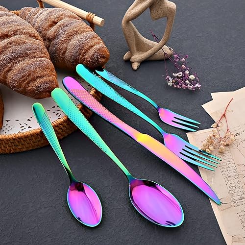 Miniatura 4 de JASHII Rainbow - Juego de cubiertos martillados, 20 piezas de utensilios de cocina de acero inoxidable de alta calidad, para 4, incluye tenedor y