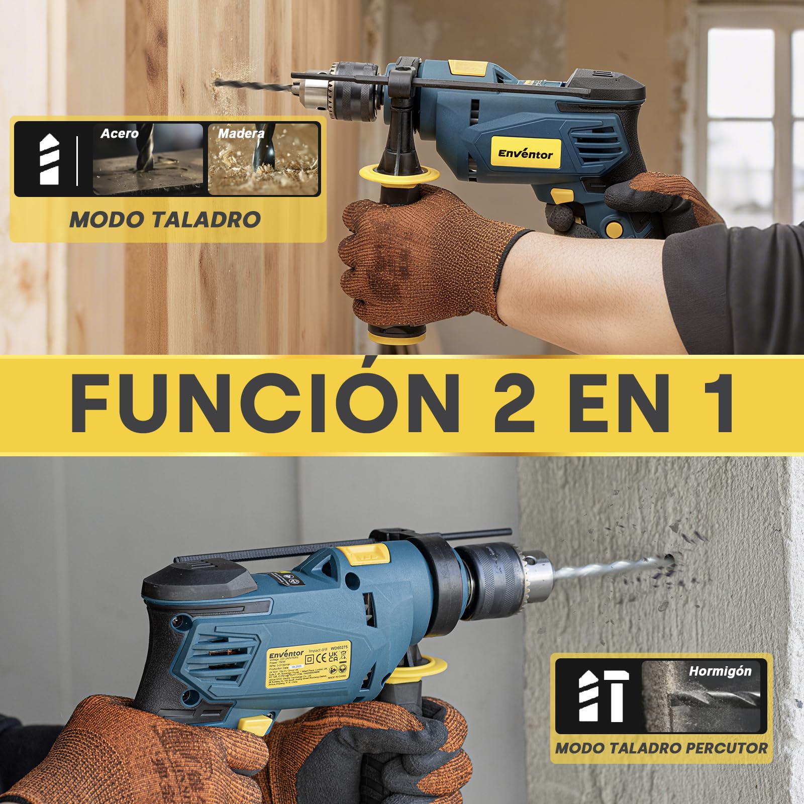 Enventor Taladro Percutor con Cable 750W, Mango Auxiliar de 360° | Función 2 en 1, Velocidad Variable 0-3100RPM, , Portabrocas de 13MM, para Concreto, Metal y Madera