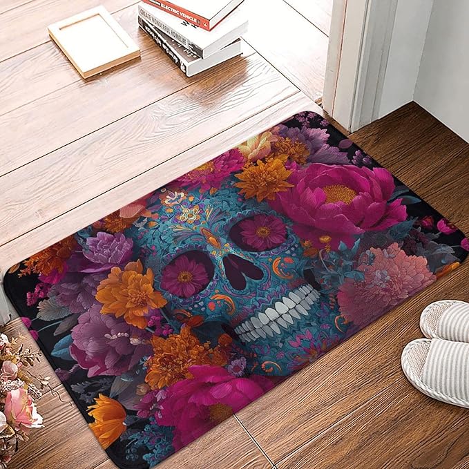 Front Door Mat Outside Entrance Low Profile Welcome Doormat Non-Slip Entryway Rug Sugar Skull Flowers Door Mat Indoor Entrance Floor Mats Outdoor Doormats for Entryway Patio Porch Decor 16x24 Inch