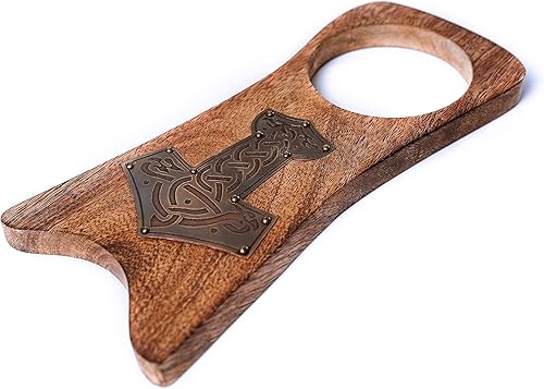 Miniatura 10 de Norse Tradesman Cuerno vikingo de cuerno de buey genuino de 20 pulgadas con soporte de madera maciza con cartel de martillo de Thor de latón  Bolsa