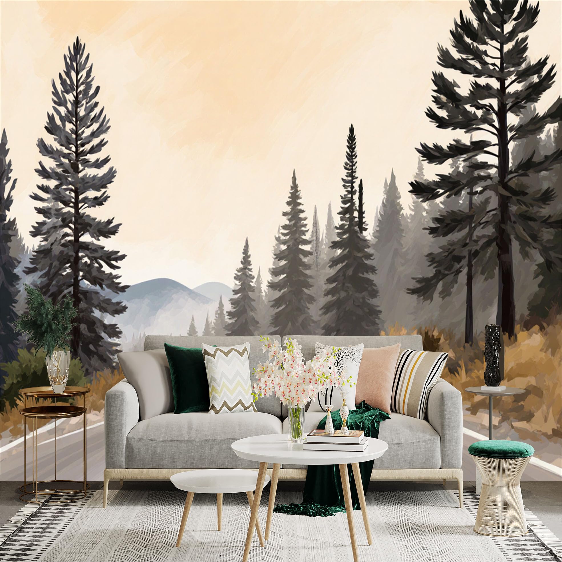 Lnzczhyre Xc260505165 Custom Size Wall Sticker Mural， Scenic Road Through Pine Forest， Misty Mountain Landscape， Nature View， For Wall Decoration， Peelandstick Wall Decals.