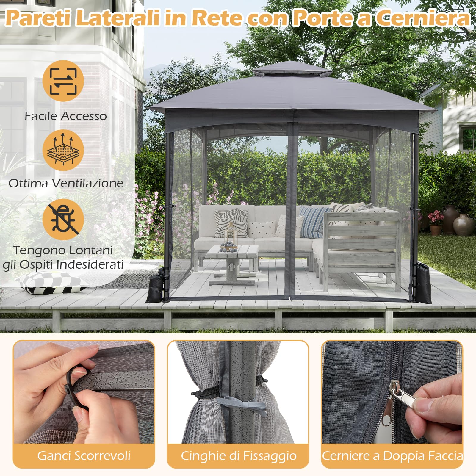 COSTWAY Gazebo da Giardino 3 x 3 m, Gazebo Impermeabile con Rete Mesh Staccabile e Terro Ventilato a Doppio Strato, Tenda Regolabile in Altezza per Feste, BBQ e Picnic (Grigio)