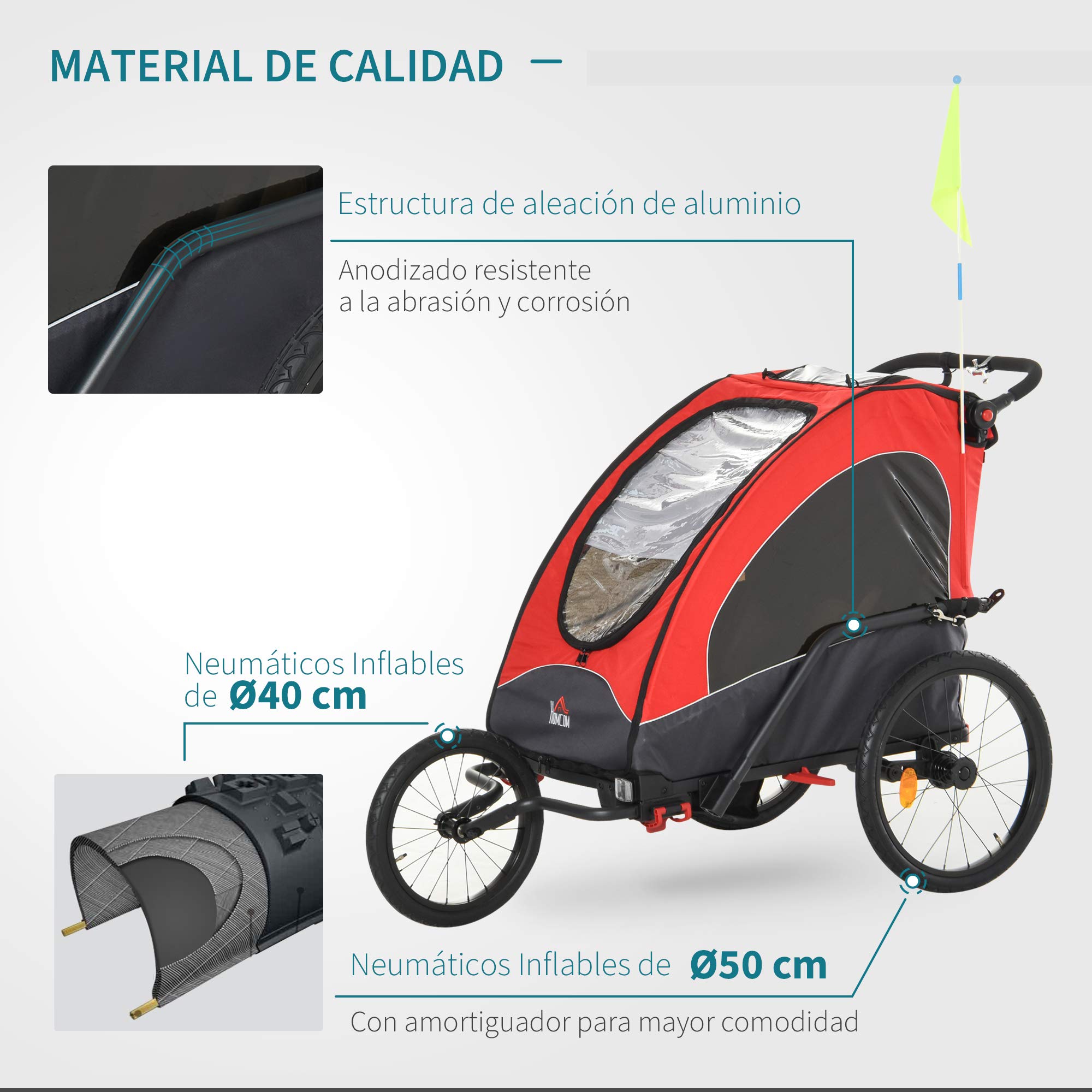 HOMCOM Remolque Infantil 3en1 para Bicicleta Carro de 2 Plazas para Niños de +6 Meses Plegable Ruedas Giratorias y Manillar Ajustable 150x85x107 cm