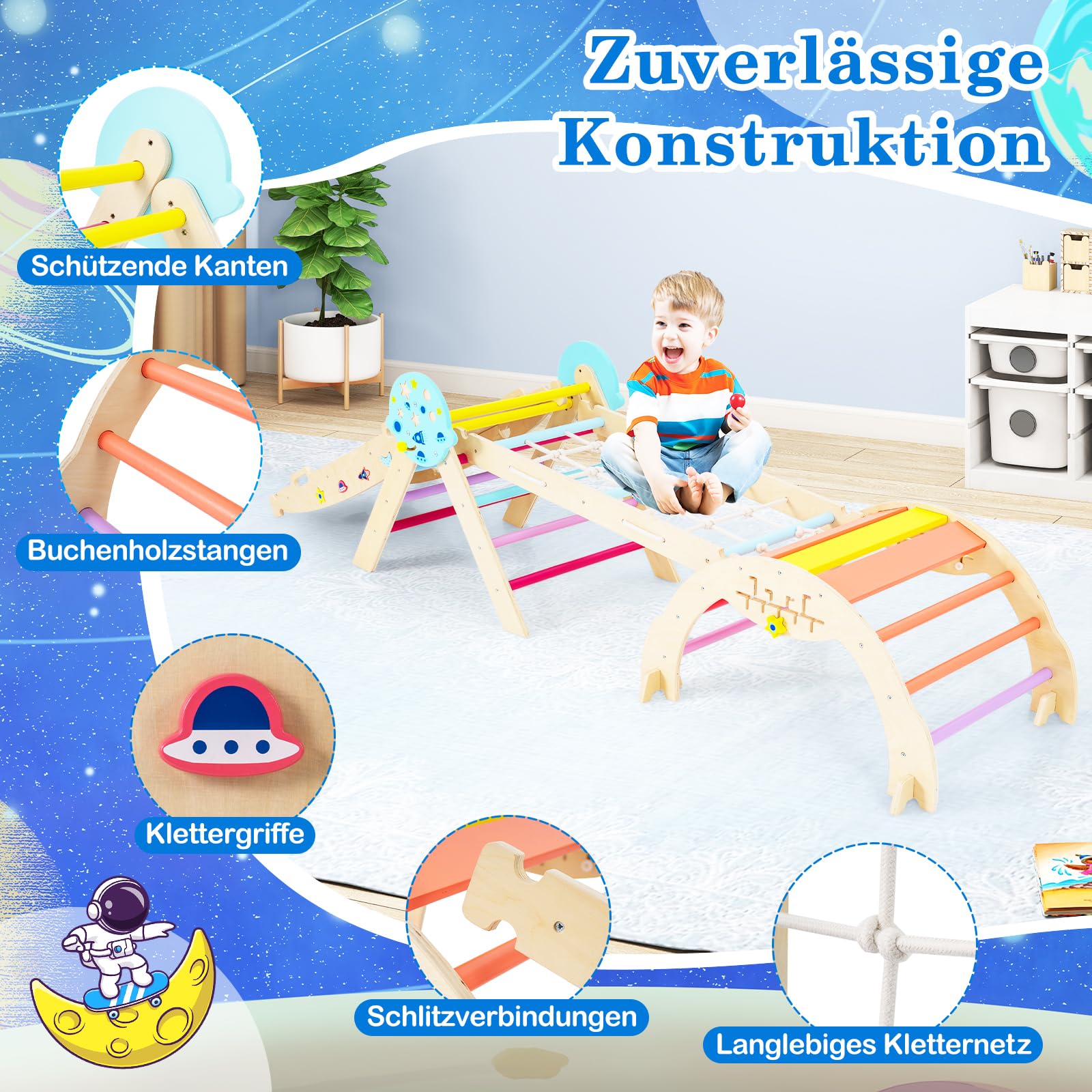 COSTWAY Klettergerüst Indoor 4er Set, klappabres Kletterdreieck mit Rutsche, Kletterbogen, Netz, inkl. doppelseitige Rampe, Baustein Set & 2 Autos, Universum Sprossendreieck Holz für Kinder ab 1 Jahr