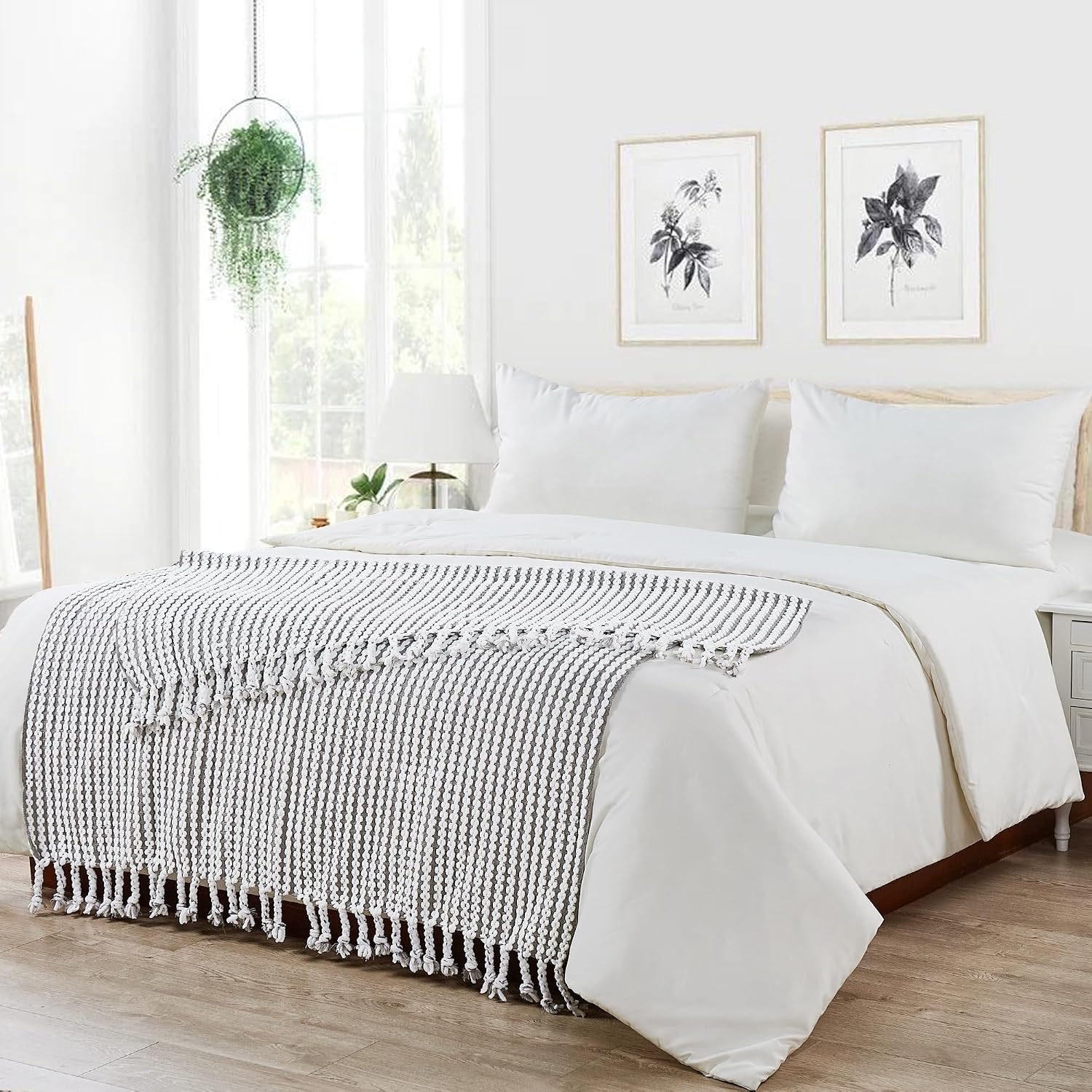 HESTIN Textured Knit Throw Blanket, Breathable Braided Blanket for Sofa, Bed, Camping,Decorative Home Decor Gift Mixed Blanket, Grey and White, 50" x 60"