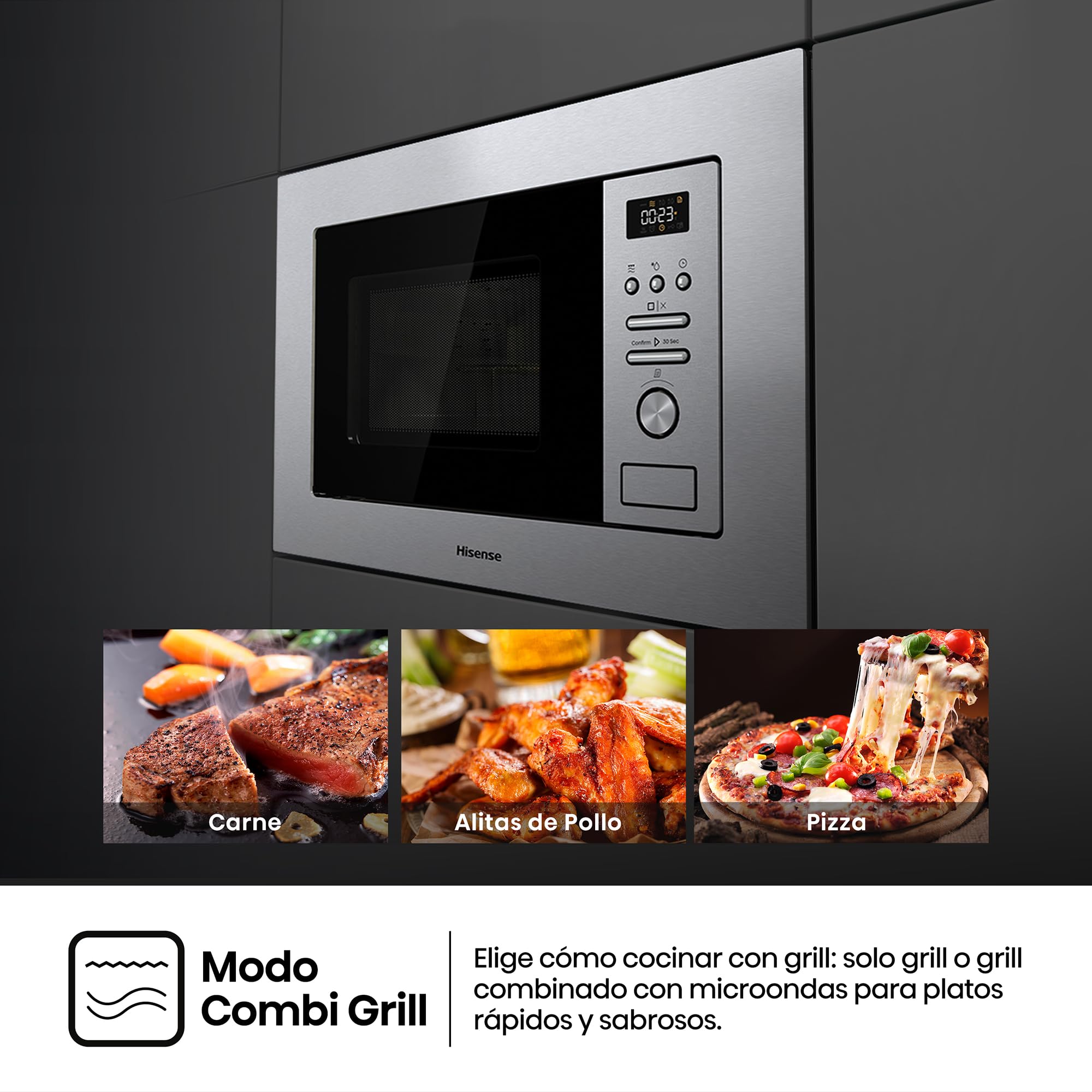 Hisense BIM320G41X - Microondas Integrable, 1000W, 20L, Alto 38.8cm x Ancho 59.5cm, Color Inox, 5 Niveles de Potencia, 15 Programas Preestablecidos, Grill Combo, Descongelar por Tiempo o Peso
