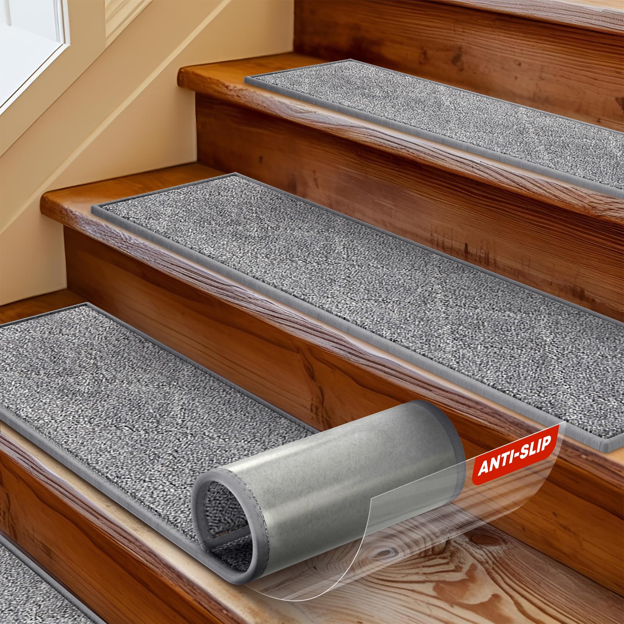 MBIGM 8"x30" Carpet Stair Treads for Wooden Steps (15 Pack) - Non-Slip Safety Rug with Soft Plush Comfort - Skid Resistant Indoor Runner for Kids, Elders, and Pets - Reusable Adhesive - Light Grey