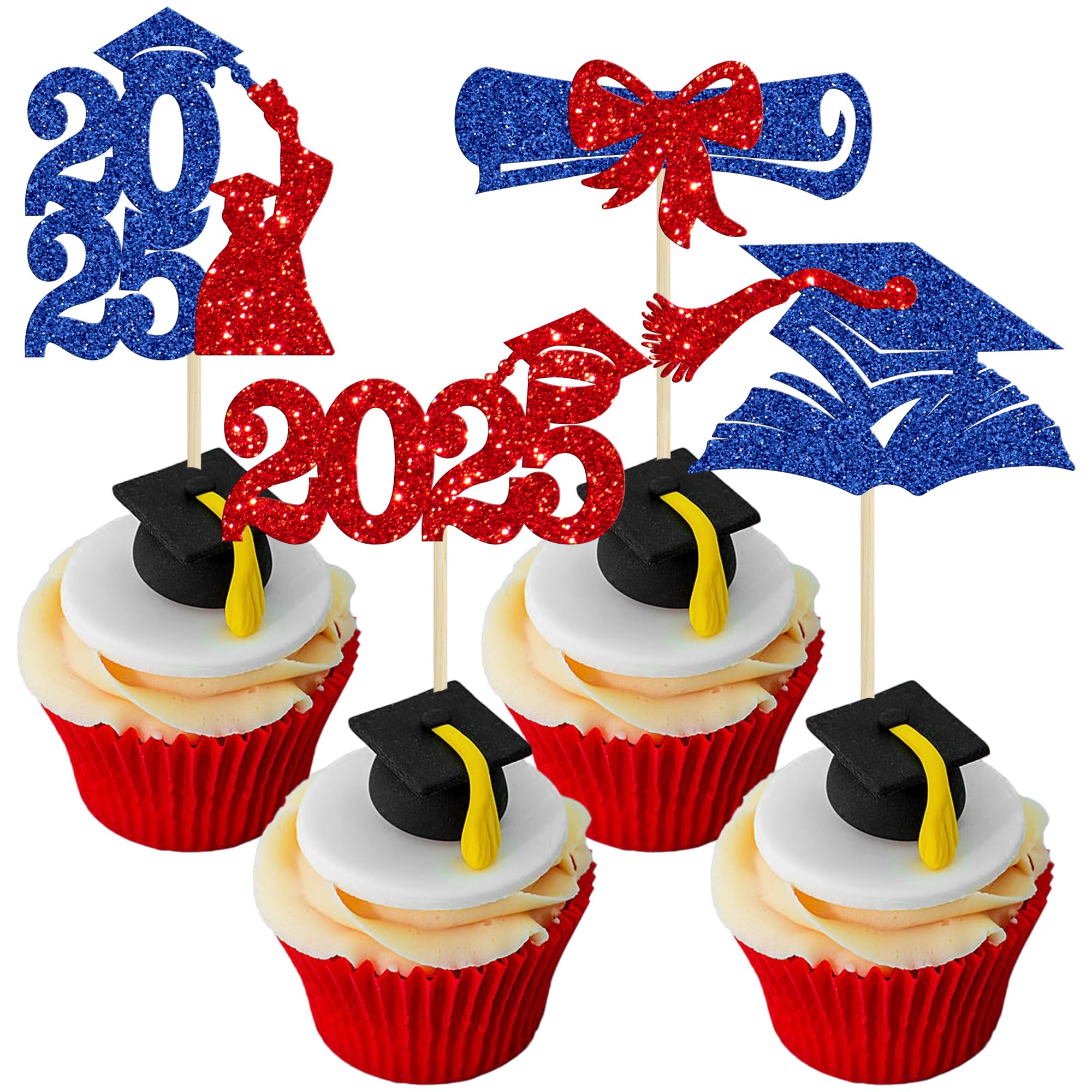 Gyufise 36Pcs 2026 Graduation Theme Cupcake Toppers Glitter Class of 2026 Cupcake Picks Diploma Graduation Cap Cake Decorations for 2026 Graduation Theme Party Decorations Supplies Red Blue