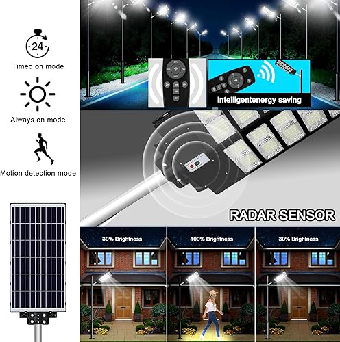 Miniatura 5 de Aqraou Sensor de movimiento de luz solar de calle de 2000 W, 200000 lúmenes, luces solares de estacionamiento del atardecer al amanecer, luces de