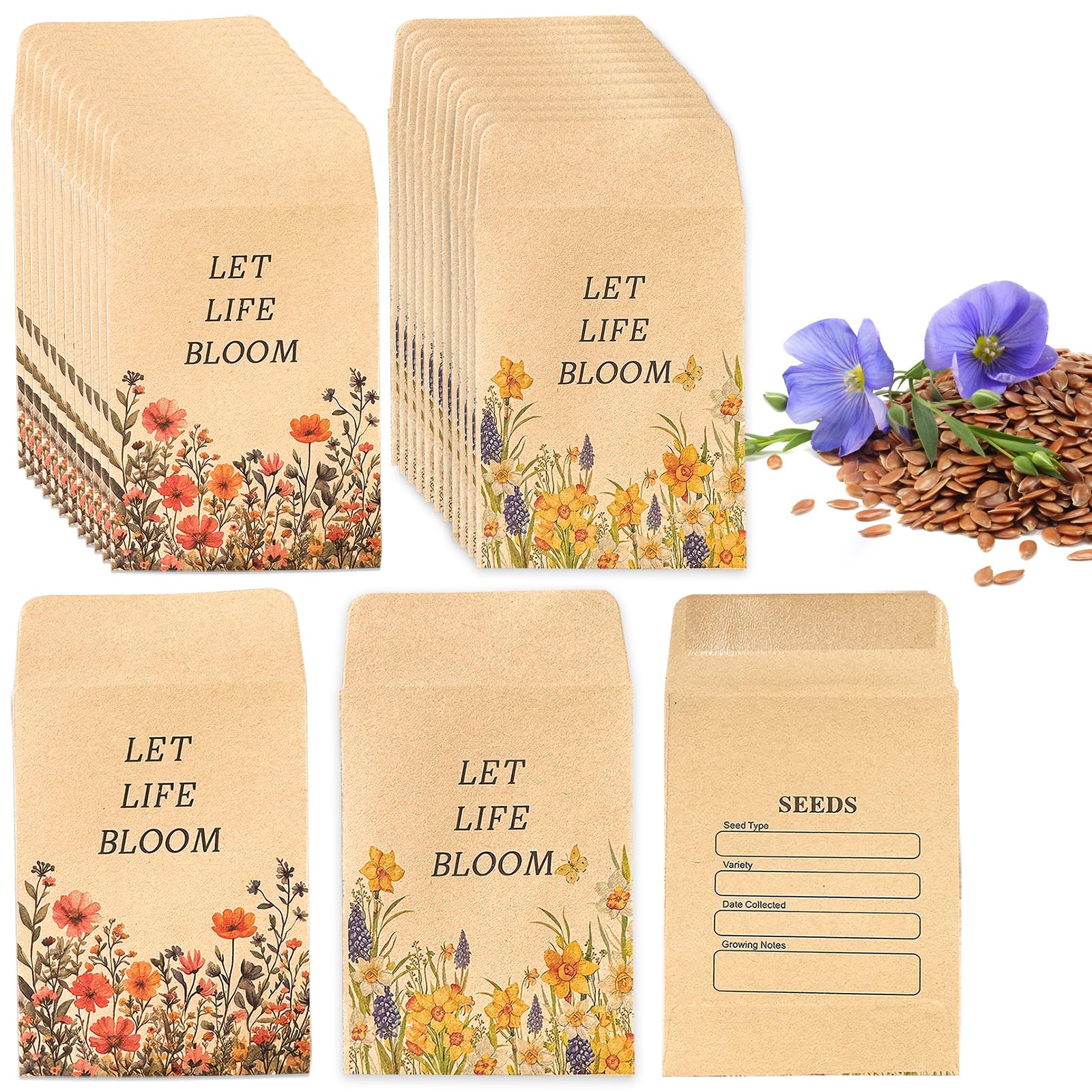 Pack of 100 Wildflower Print Kraft Paper Seed Packets, 6 x 8cm Sealable Small Brown Seed Storage Envelopes, Blank Record Label Seed Bags for Flower, Vegetable & Herb Seed Collection Packaging