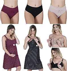 Kit Maternidade: 2 Camisolas de Amamentação com Abertura na Alça + 3 Calcinhas Pós Parto + 2 Sutiãs de Amamentação (SORTIDO, P (38/40), M (42/44), G (46), GG (48))