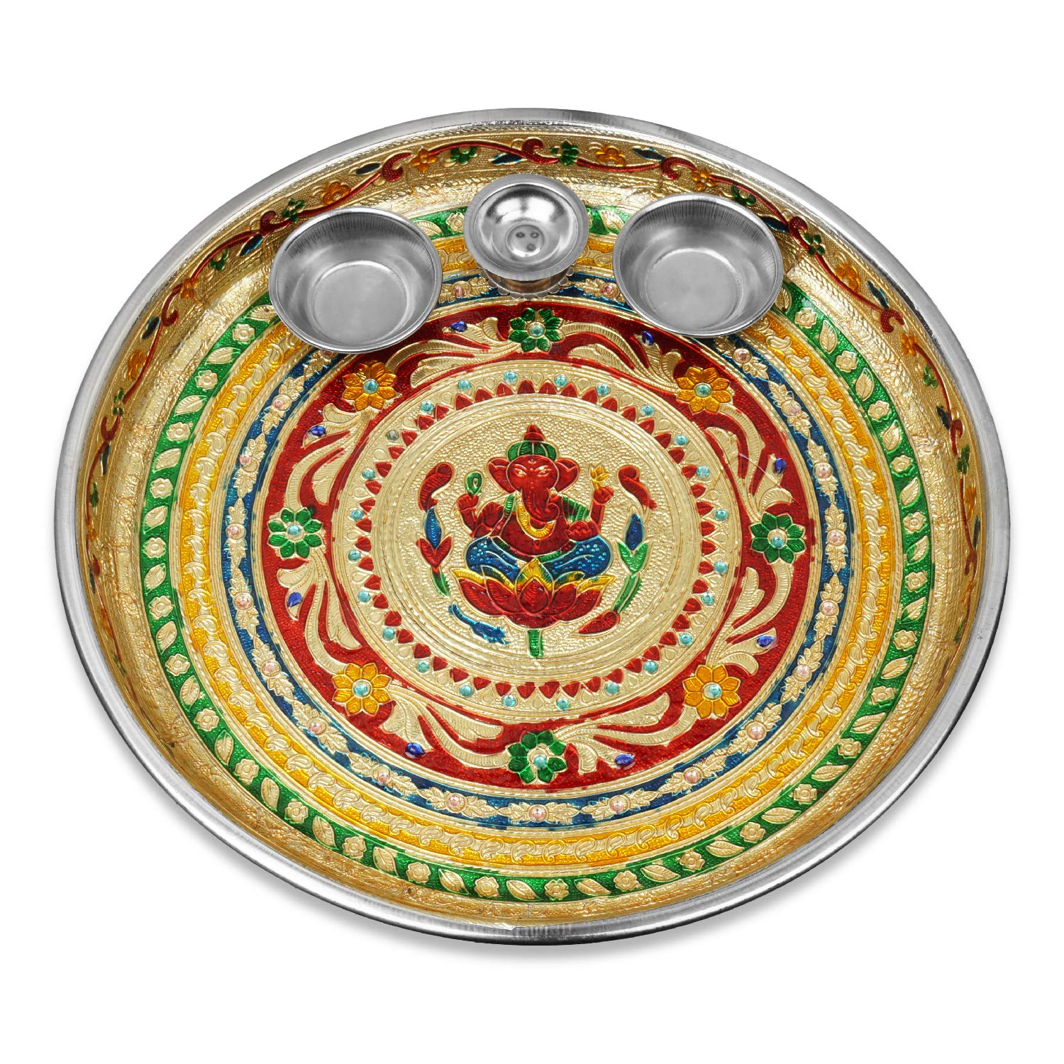 IndoTribe Large 4 Pc Meenakari Pooja Thali Pooja Thali Karva Chauth Set