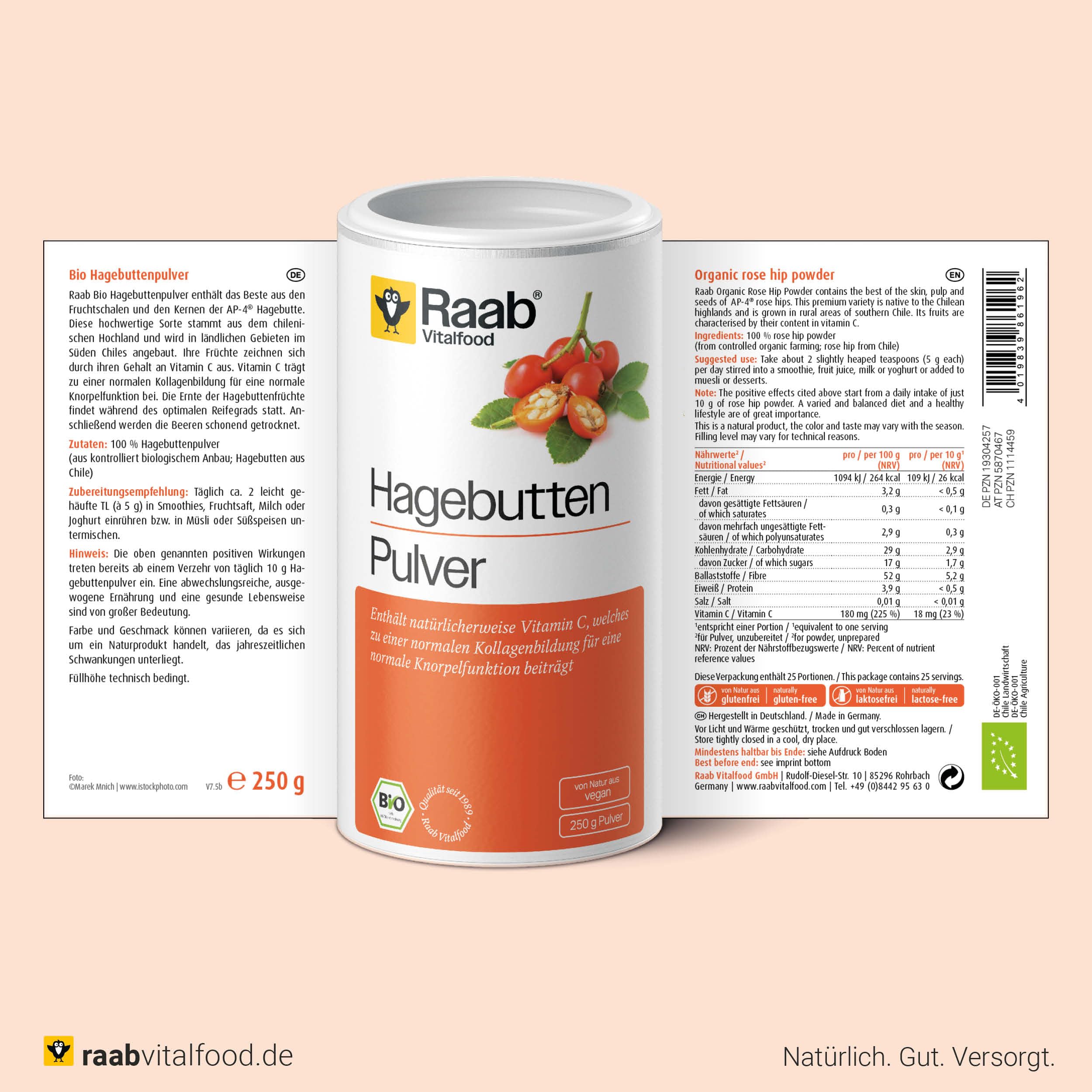Raab Vitalfood® Bio Hagebutten Pulver (250 g) - Premium-Sorte AP-4® Hagebutte aus dem Süden von Chile, mit natürlichem Vitamin C für eine normale Kollagenbildung & Knorpelfunktion, ohne Zusätze