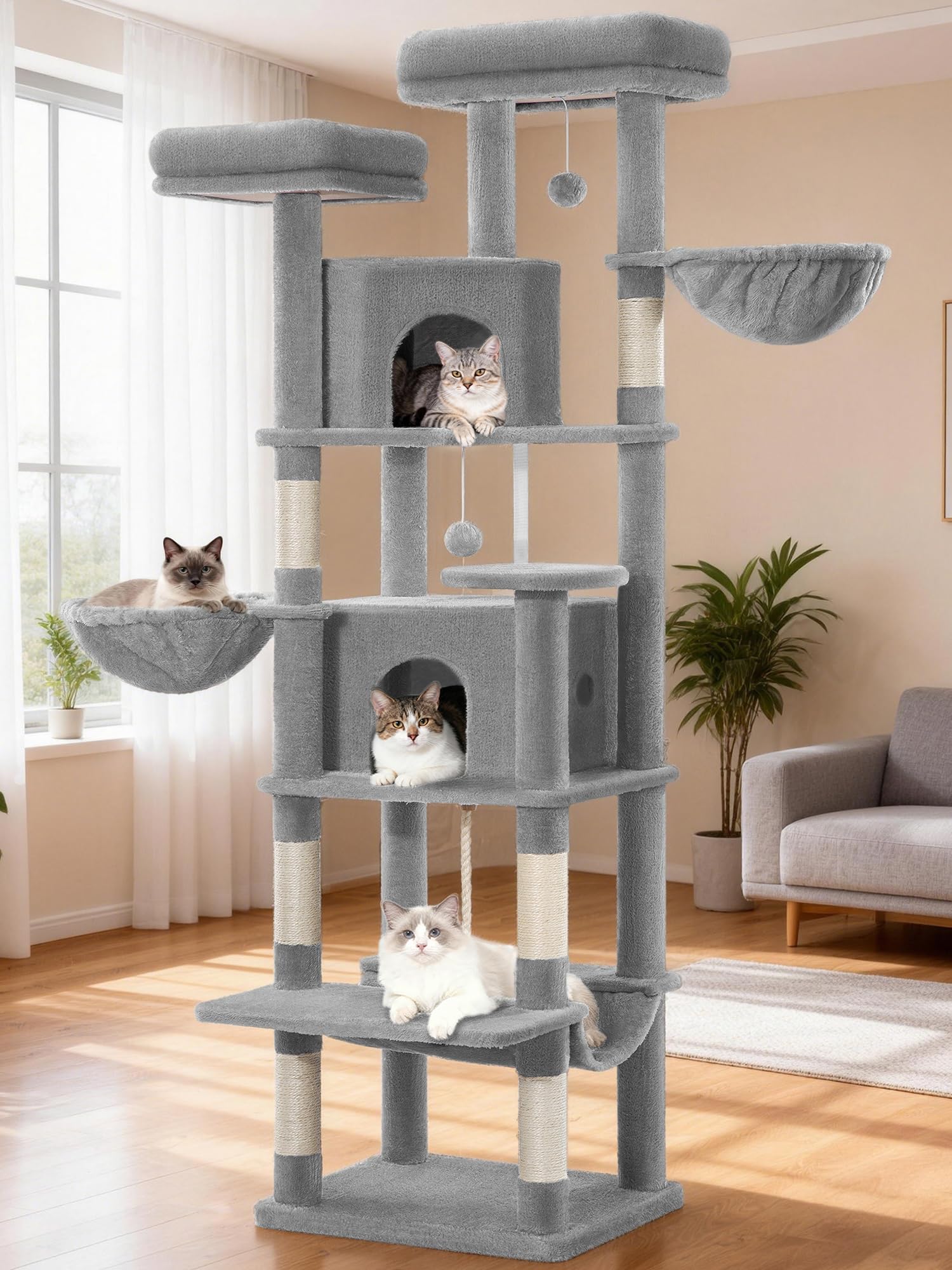 Árbol Rascador para Gatos 175 cm, Torre para Trepar, Gris Claro | Postes Rascadores, 2 Cómodas Casetas, 2 Perchas, 2 Cestas, Hamaca, para Uso en Interiores FPMS006FG1