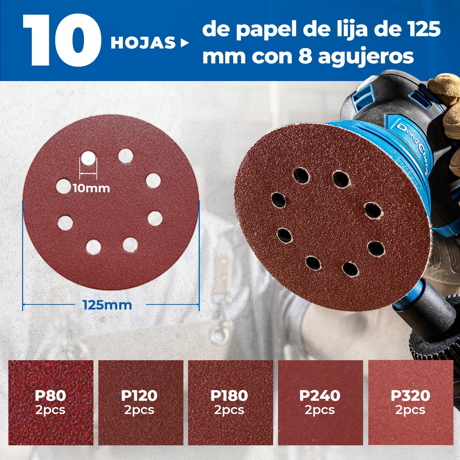 DongCheng Lijadora orbital aleatoria 300W, 125mm, 6 velocidades, 4.000-12.000 rpm con colector de polvo y 10 lijas, ideal para proyectos de carpintería y bricolaje
