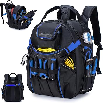 BAGZY Electricians Tool Bag for Men Tool Bags Heavy Duty with Laptop Compartment for 17 inch Waterproof Tools Bag Backpack With USB Port for Industrial Construction Work Storage Organization Blue