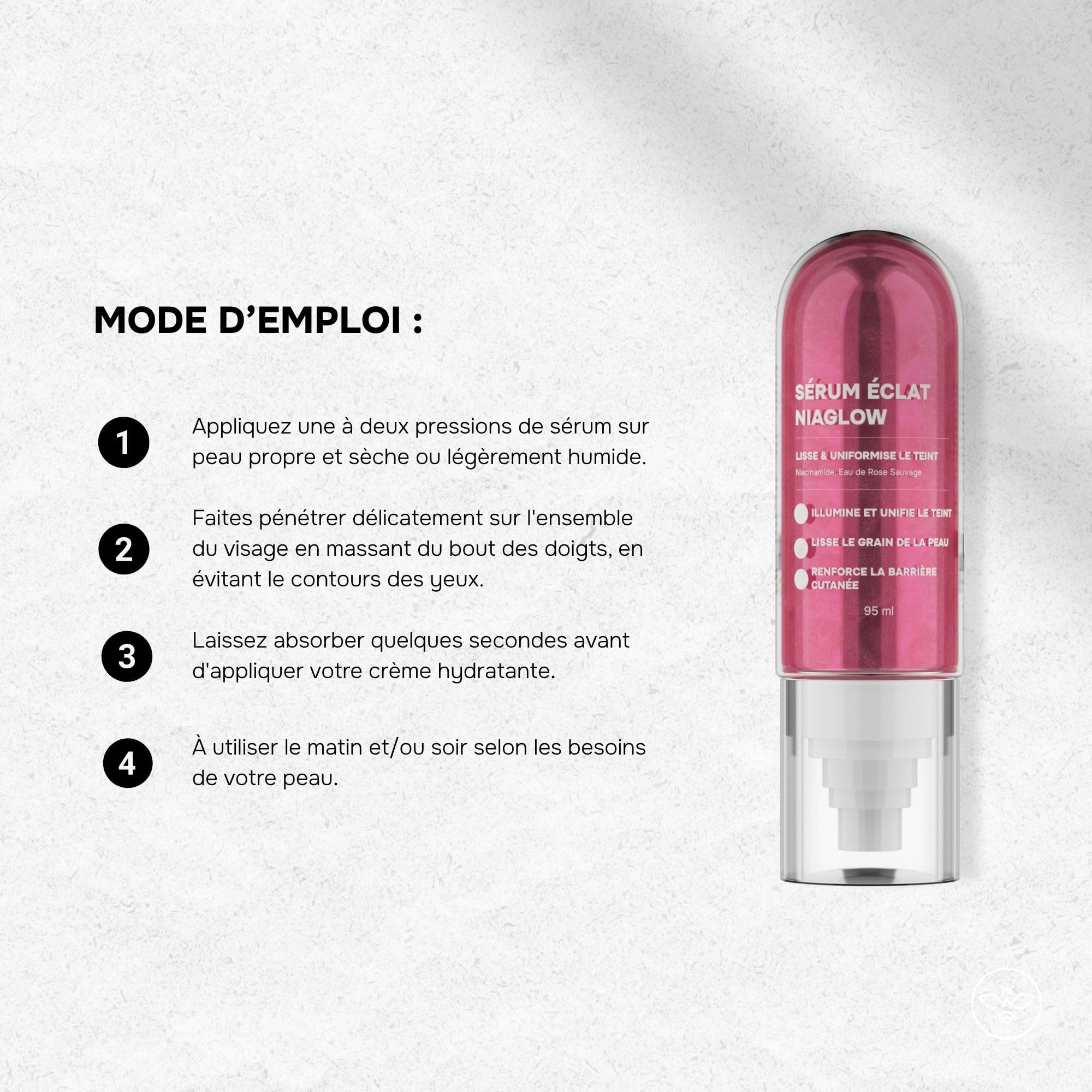 Sérum Éclat NiaGlow - Soin de la Peau Illuminateur de Teint - Lisse le Grain de Peau - Peaux à Imperfection - Niacinamide, Eau de Rose Sauvage - Korean Cosmetic Research - 95 ml