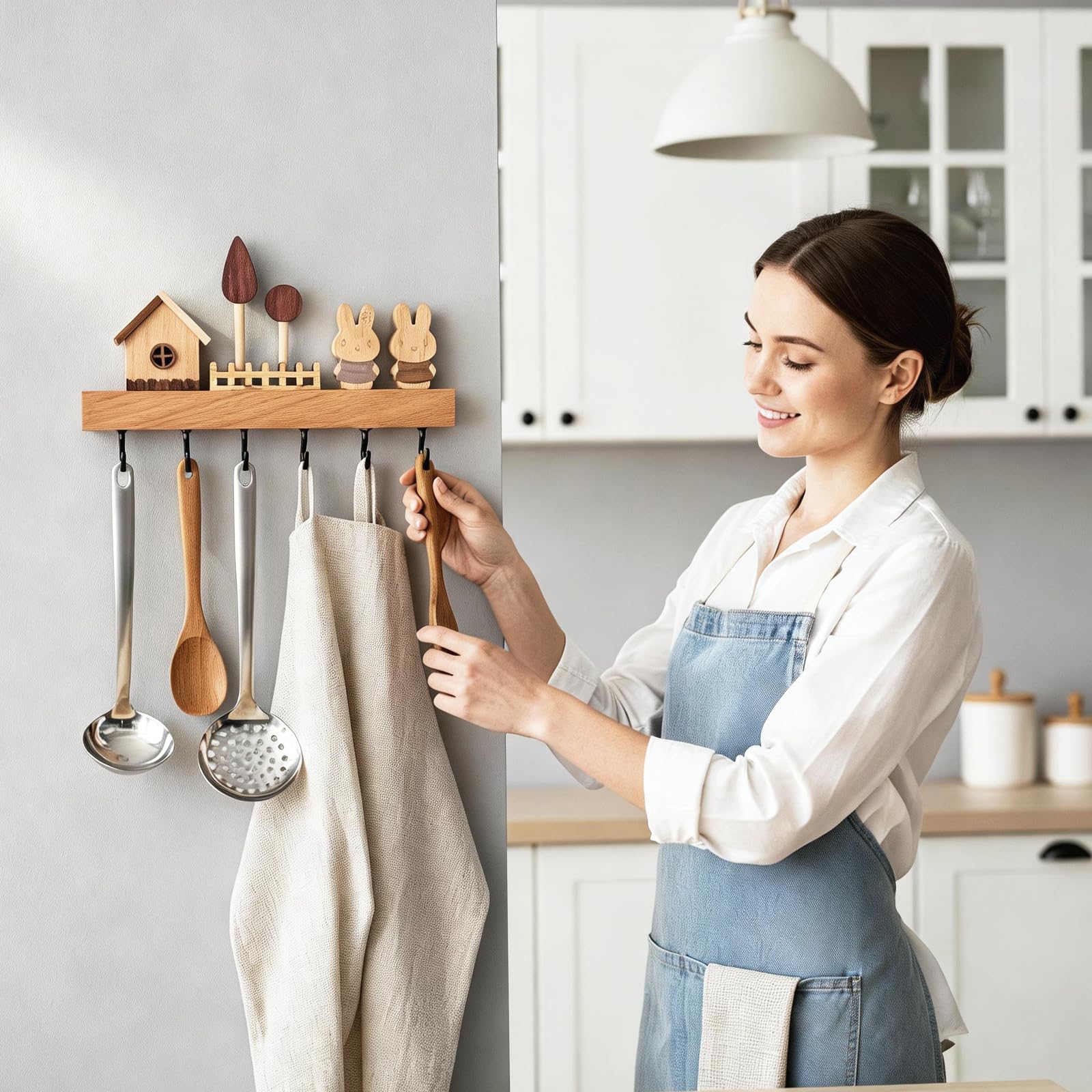 Portachiavi da Parete In Legno con 6 Ganci Rivestiti, Appendi Chiavi a Muro e Funzionale, Installabile Senza Chiodi con Colla Adesiva o con Foratura, Ideale per Casa, Ufficio
