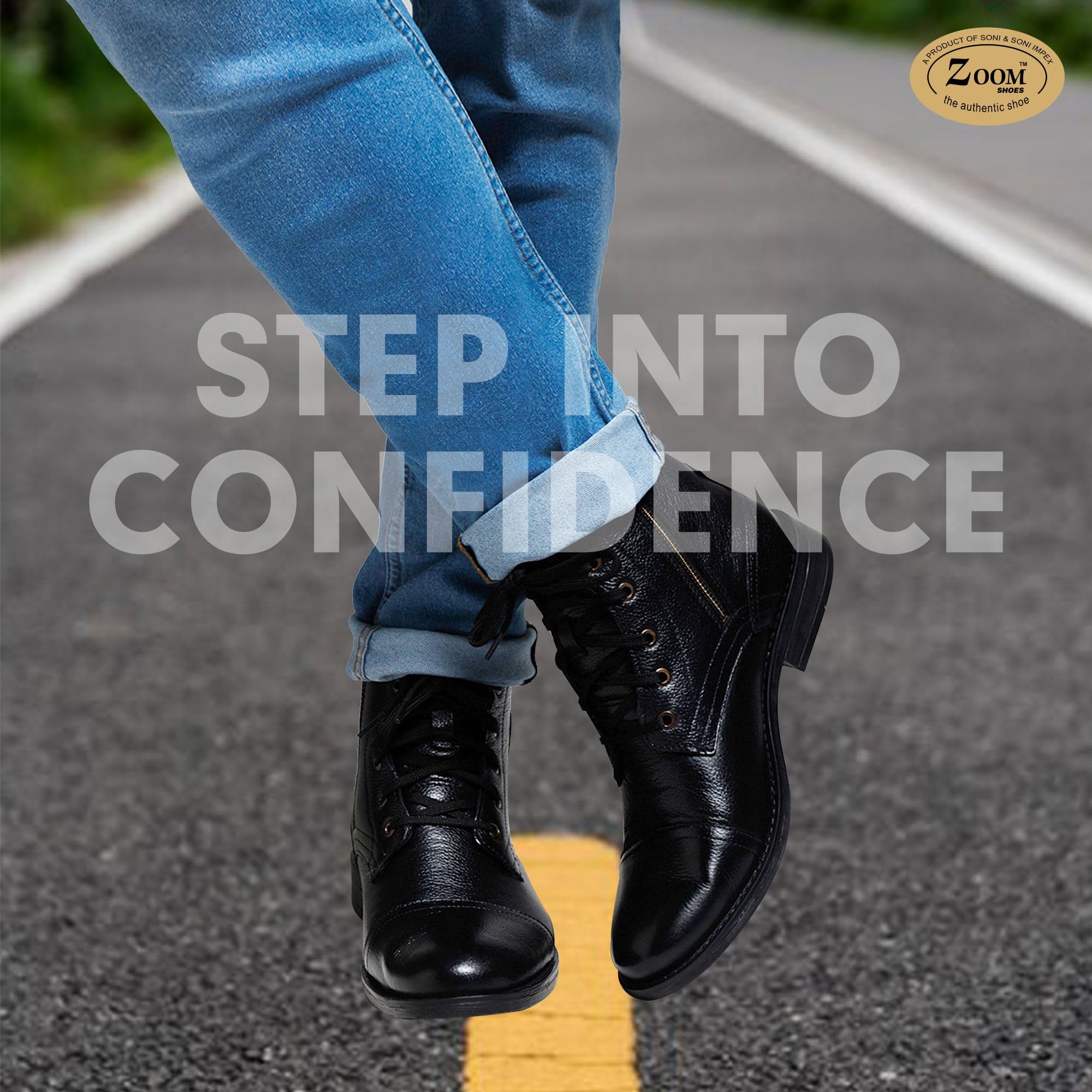Zoom Shoes A5200 Men's Genuine Leather High Ankle Boots | Stylish Lace-Up Design | Cushioned Insole for Comfort | Durable & Trendy for Everyday Wear Black 1