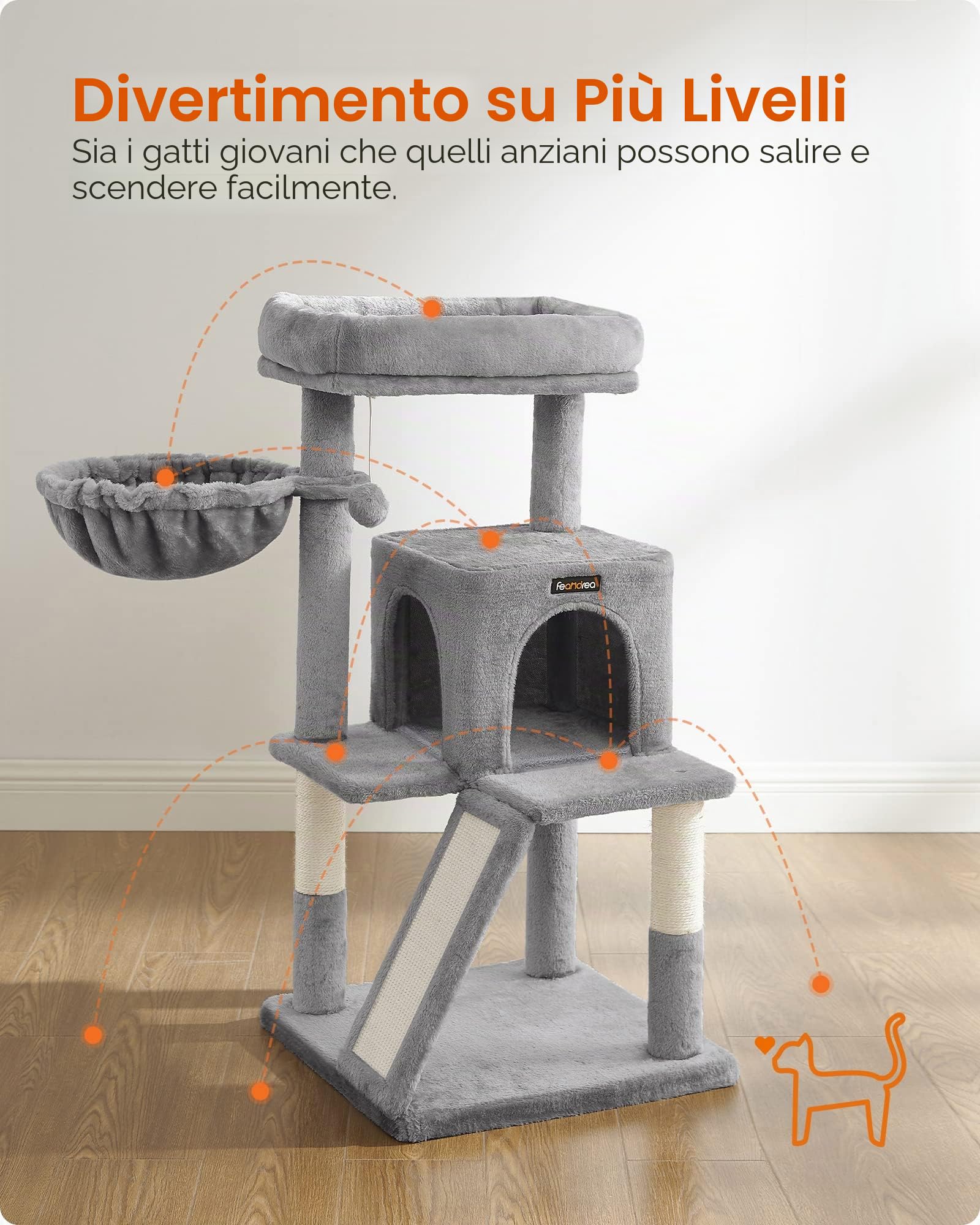 Feandrea Albero per Gatti, Tiragraffi per Gatti, Pali e Rampa Graffiatoio in Sisal Naturale, 2 Pompon Sospesi, Grotta, Cesto, Trespolo di Peluche, Grigio Chiaro PCT51W