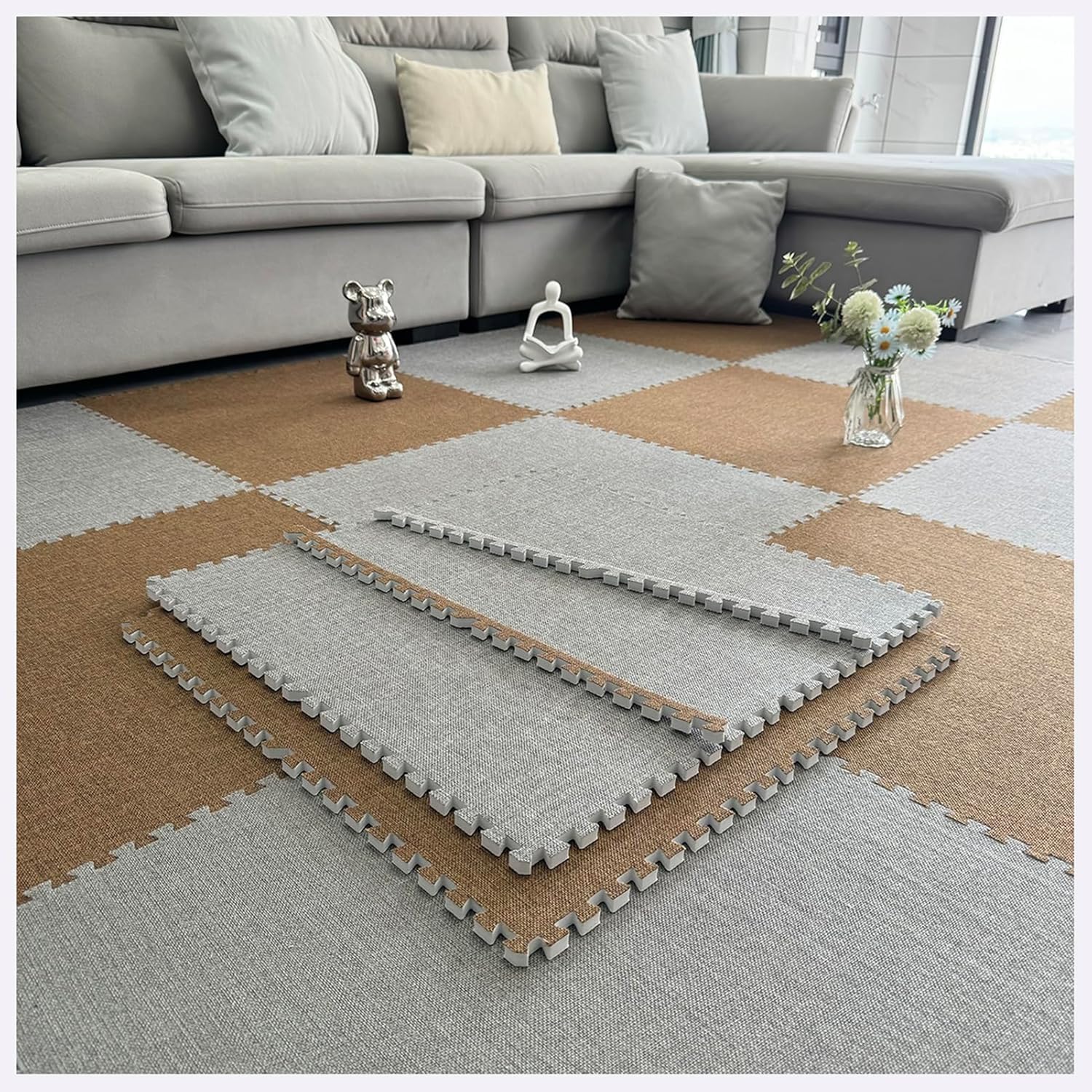 JvFbjLF Foam Interlocking Floor Mat 60cm Large Size Puzzle Area Rugs Play Mat DIY Square Carpet Soft Foam Flooring Tiles(Dark Gray+Dark Brown,10pcs)