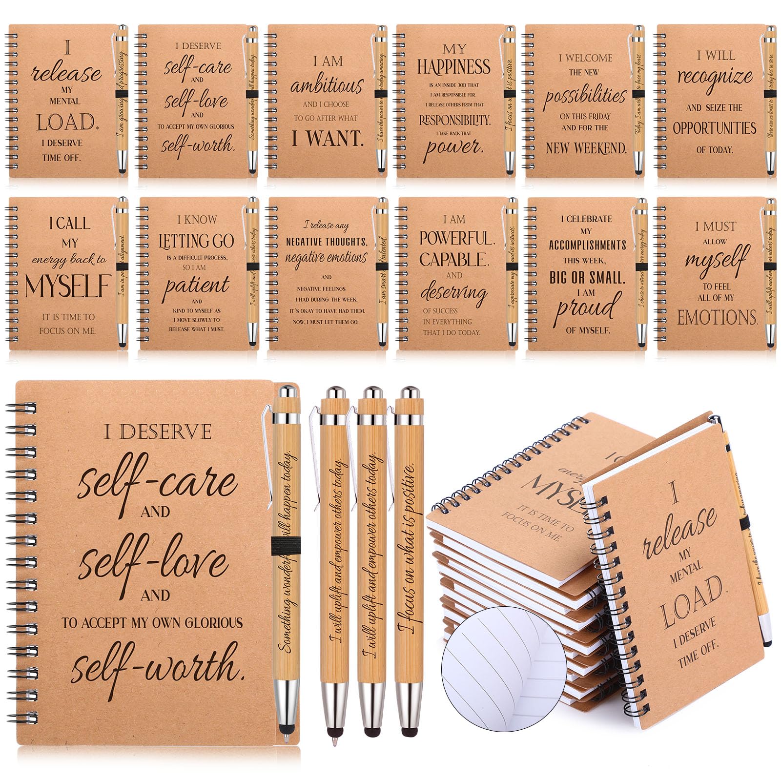 Pasimy 48 Pcs/24 Set Bulk Positive Affirmation Spiral Notebooks with Bamboo Pen Daily Affirmation Gift Set Motivational Encouragement Notepad Small