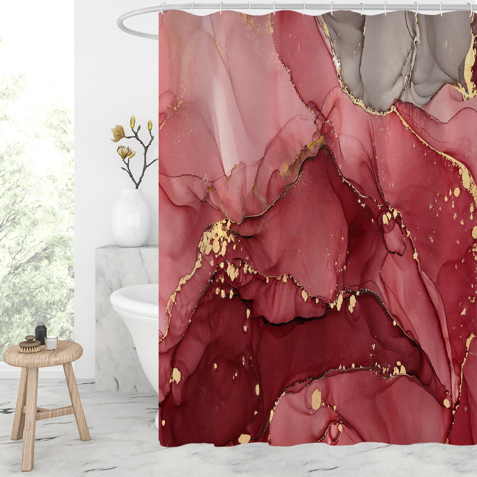 Gibelle Red Marble Shower Curtain, Abstract Modern Ink Art Decor for Bathroom, Waterproof Fabric Set With Hooks, 72x72
