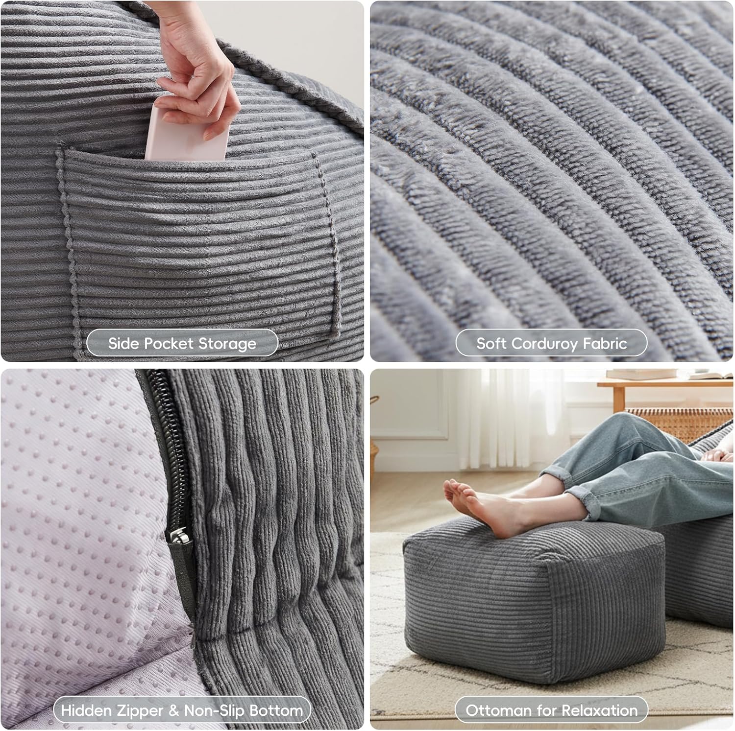 Bean Bag Chair with Ottoman for Adults, Large Corduroy Bean Bag Couch, Boneless Chaise Lounge Reading Chair with High-Resilience Foam, Floor Lounger for Bedroom Living Room (Grey)