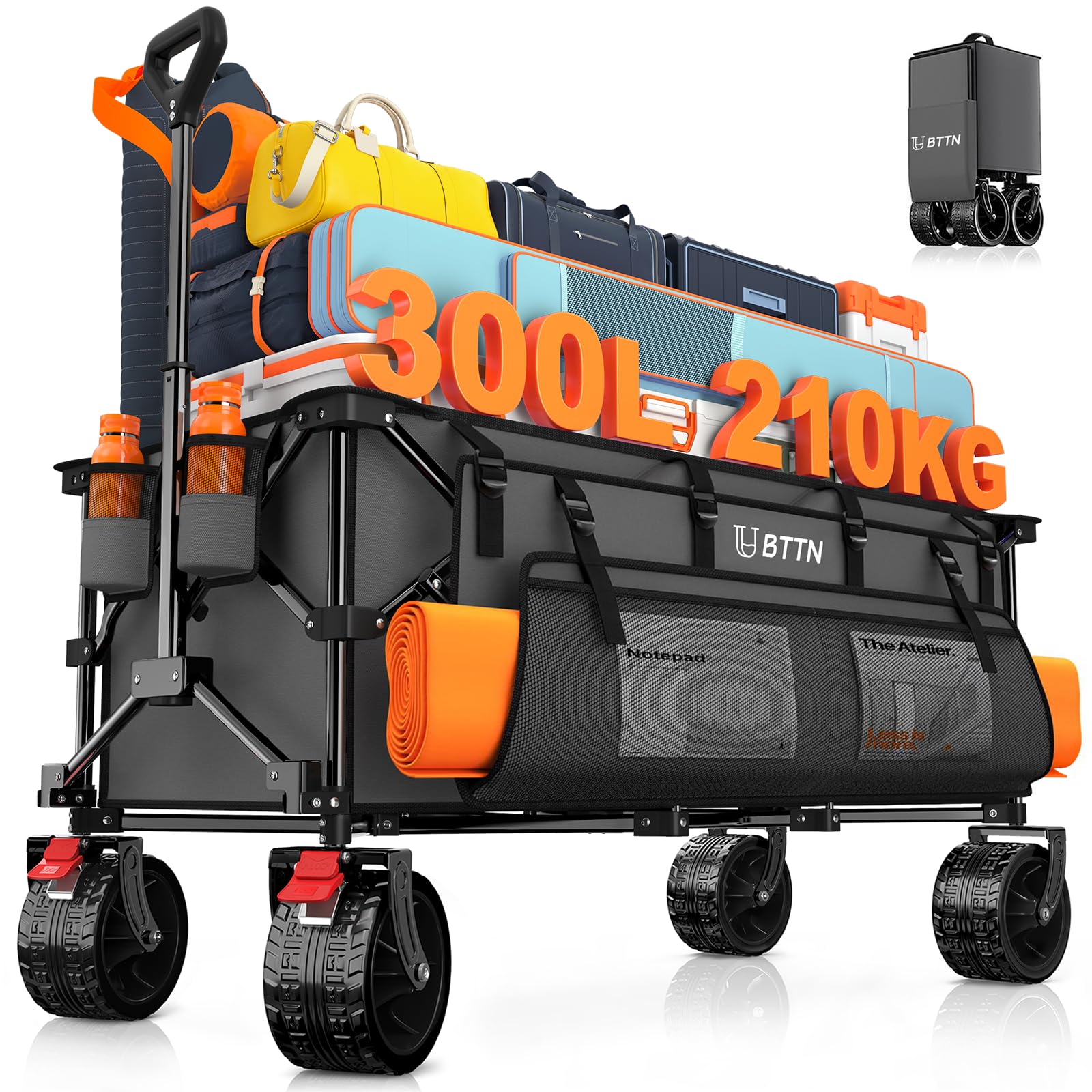 BTTN XXXL - Carro plegable (300 L, frenos y todo terreno), color gris