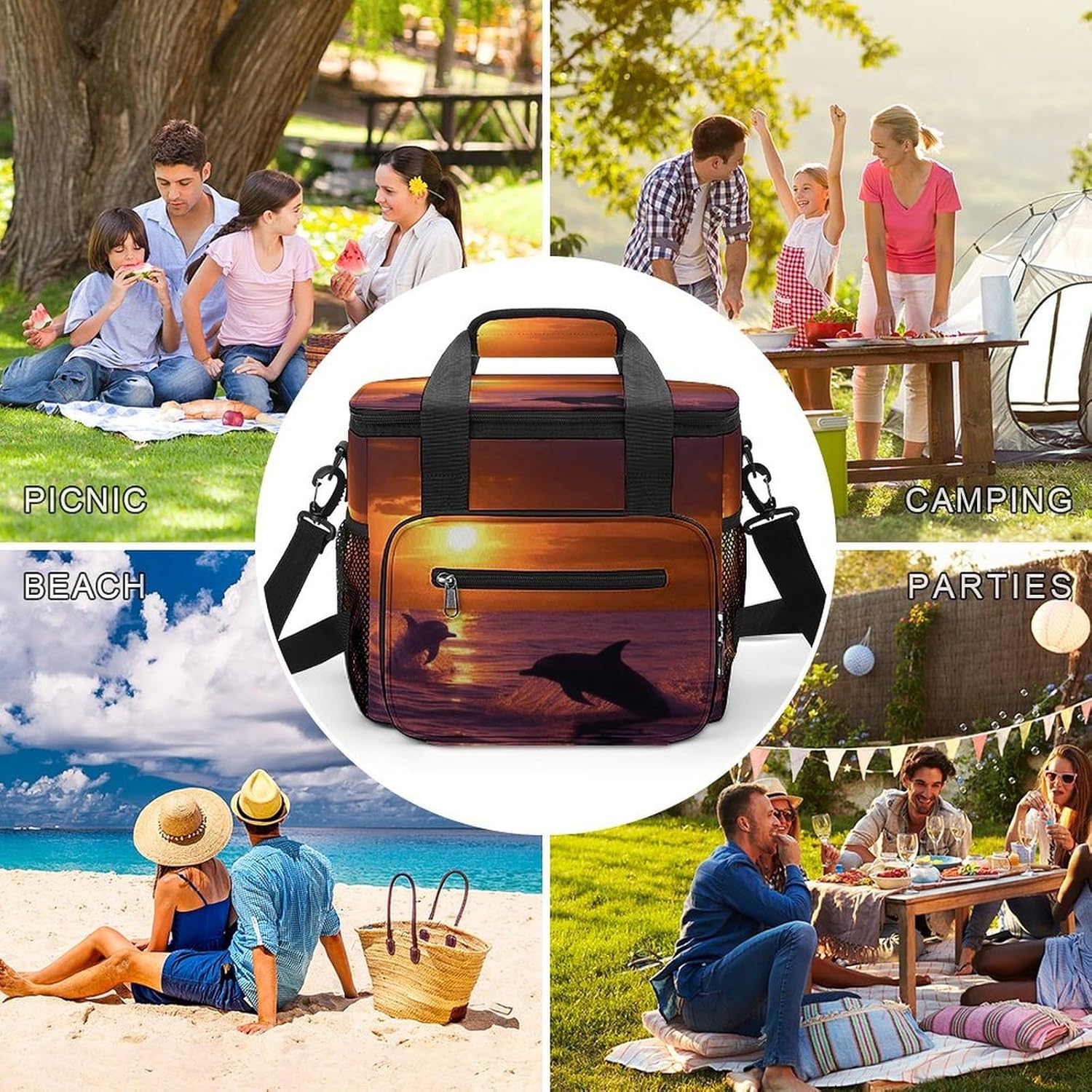 Sunset Dolphins Cooler Bag Portable Insulated Lunch Bags Leakproof Ice Chest Large Capacity Soft Cooler Tote for Picnic Camping Work Travel Keep Food Drinks Fresh 22.5L