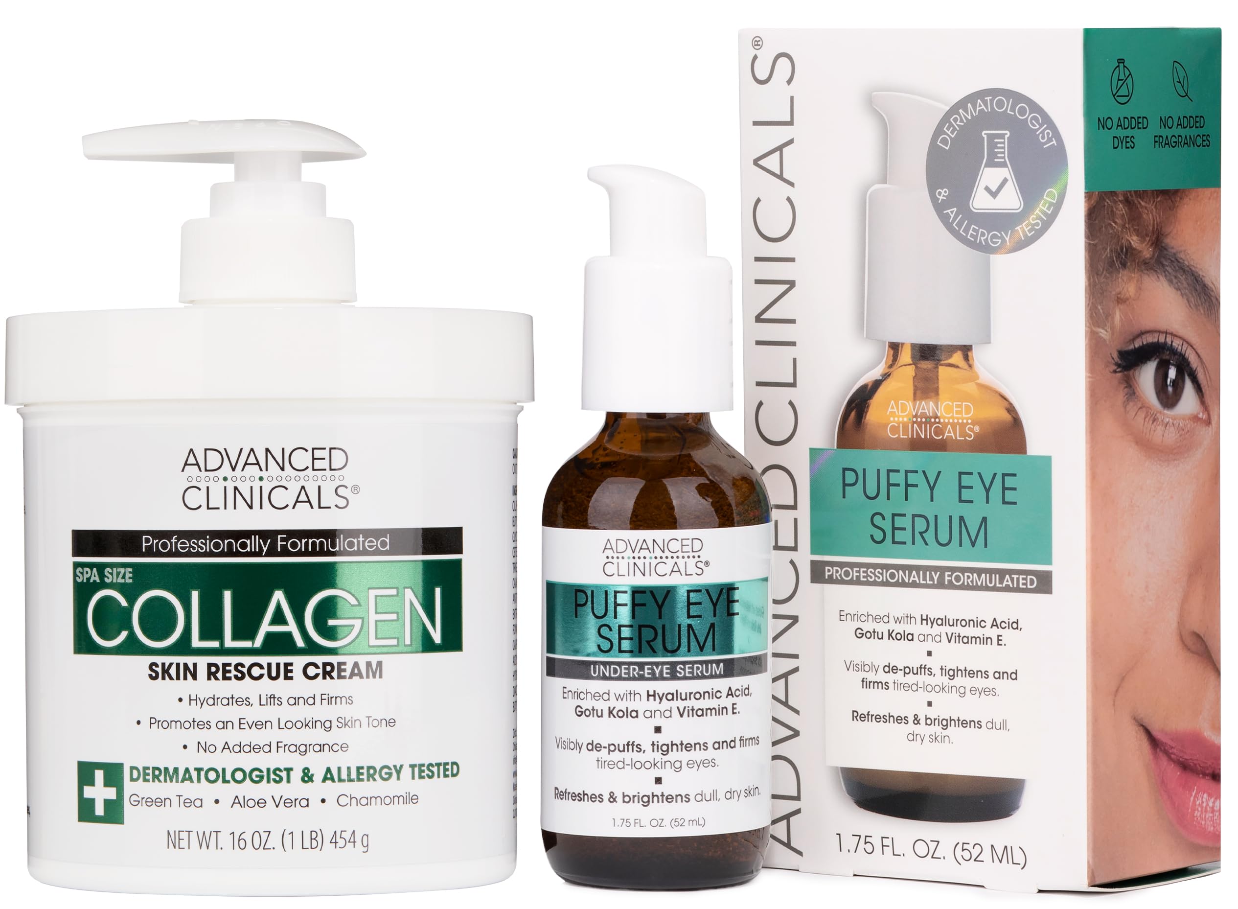 Advanced Clinicals Collagen Cream + Puffy Eye Face Serum 2pc Set | Collagen Body Lotion & Brightening Under Eye Serum | Fragrance Free | Skin Care