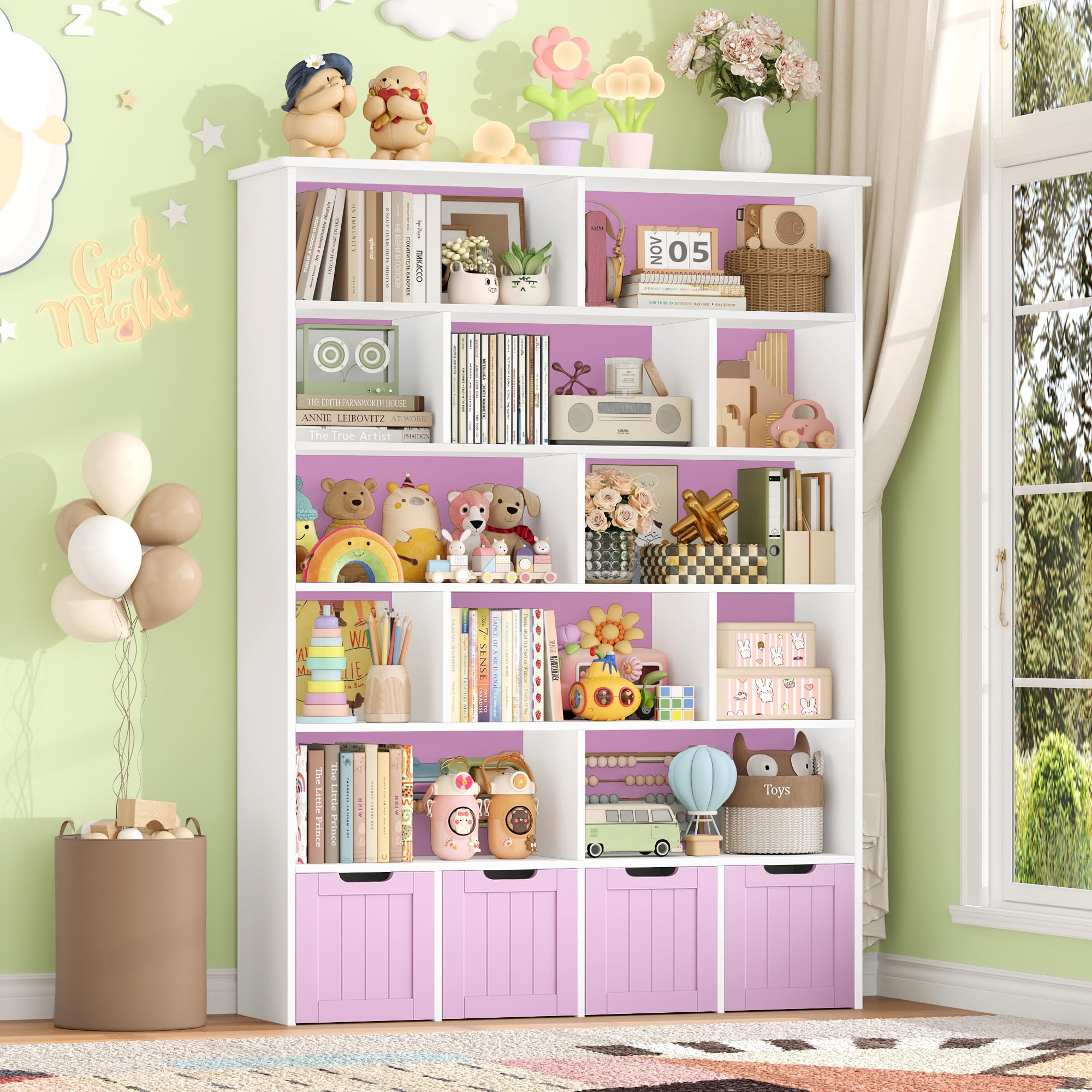 FOREHILL Kinderregal 6 Ebenen, Kinderzimmer Möbel, Bücherregal für Kinder | Kinderschrank mit Boxen auf Rollen, Spielzeug Aufbewahrung für Kinderzimmer, Kindergarten, Leseecke 175x33x125,5cm Flieder