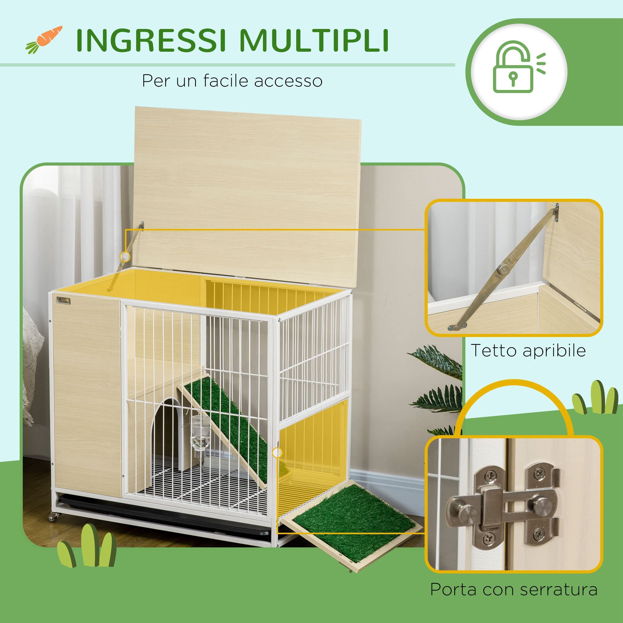 PawHut 2 IN 1 Conigliera in Truciolato e Acciaio con Vassoio Estraibile e Serbatoio d'Acqua, 78x52.5x76.5 cm