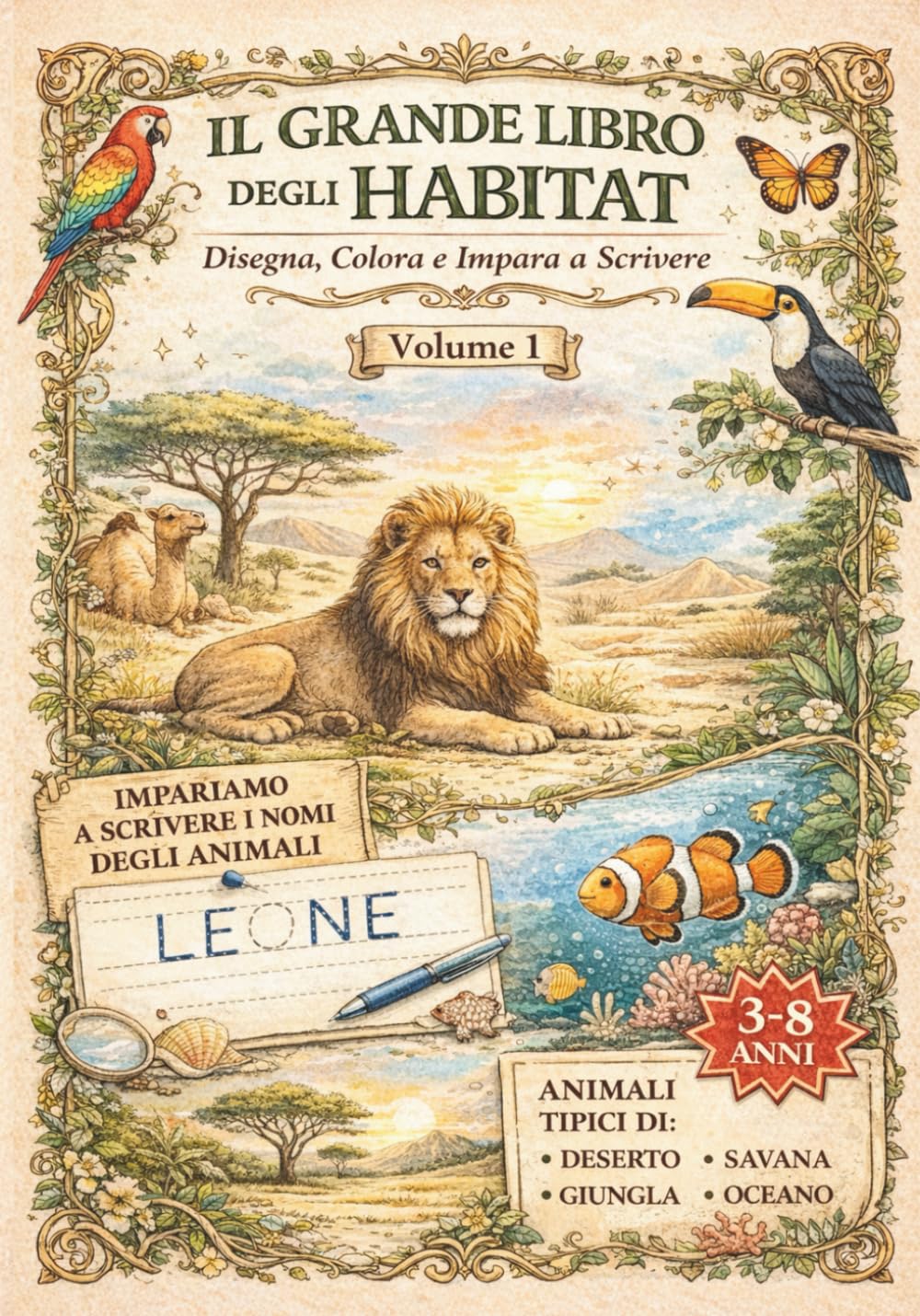IL GRANDE LIBRO DEGLI HABITAT (Volume 1 - Animali del Mondo Caldo): Disegna, Colora e Impara a Scrivere