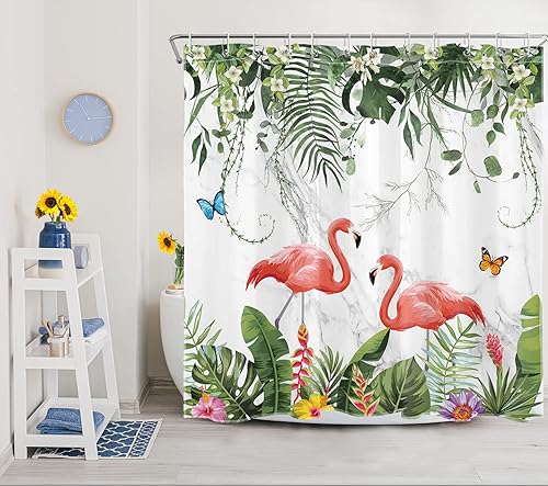 Miniatura 3 de EOBTAIN Cortina de ducha de hojas tropicales para baño, diseño de monstera rosa flamenco verde con mariposa sobre mármol gris y blanco, con ganchos,