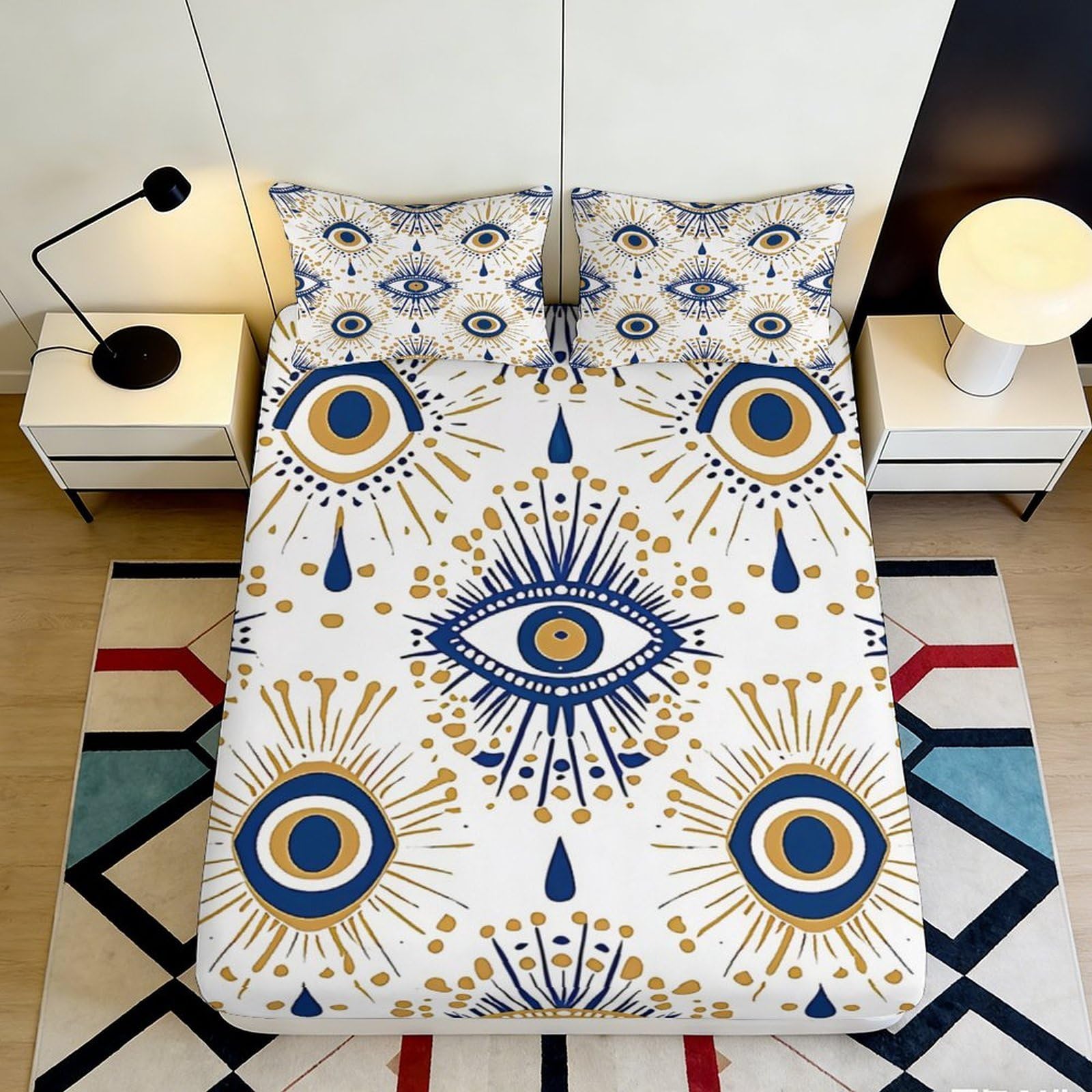 Pnayamiorkfel Style-5 3D Printed Evil Eye Fitted Sheet Microfiber Soft Blue Gold Mystic Sun Bed Cover For Bedroom Guest Room Decor 90X200x25cm