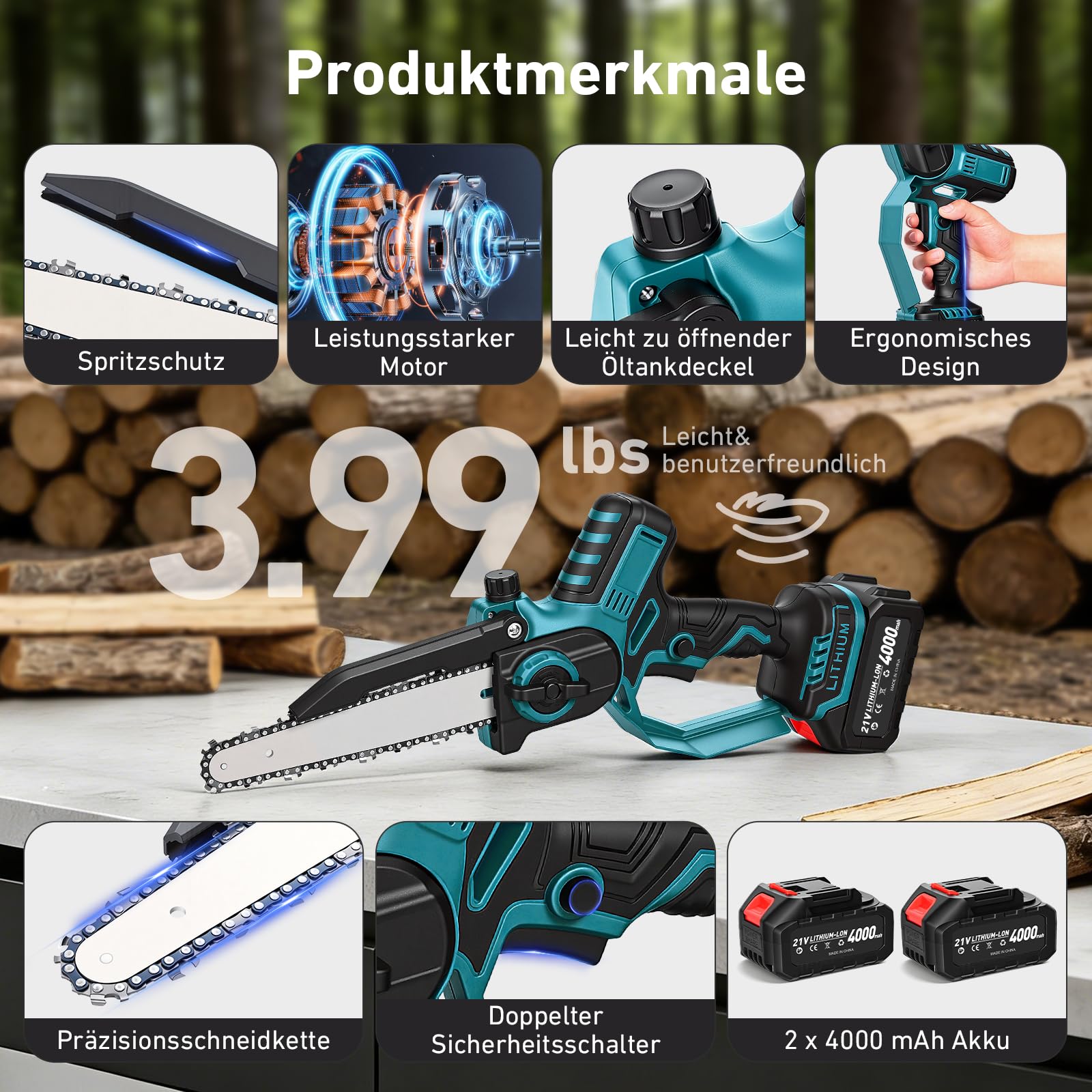 Mini motosega a batteria, 2 batterie agli ioni di litio da 4000 mAh, catena in metallo duro, lubrificazione automatica, doppia serratura di sicurezza, silenziosa e leggera, per giardino, legno