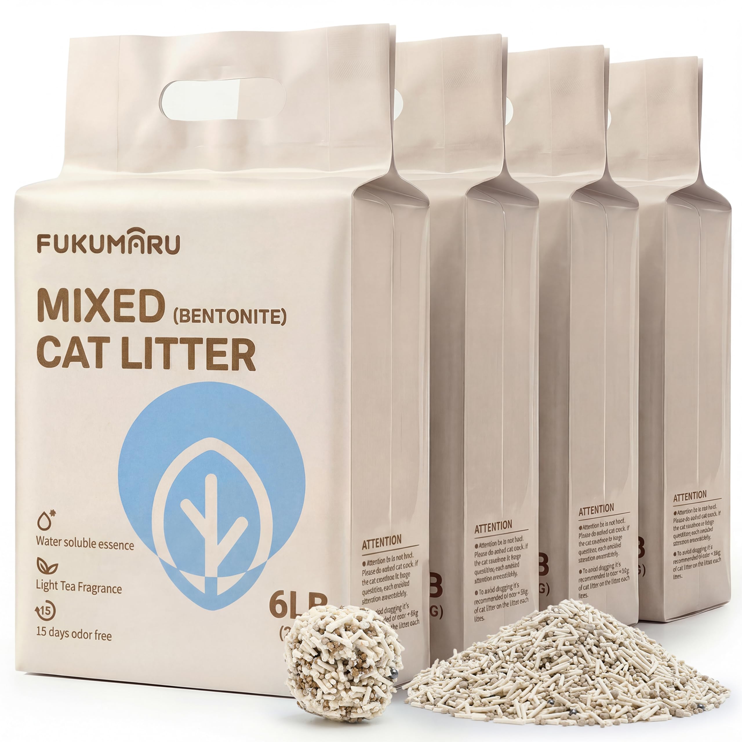 FUKUMARU Tofu Cat Litter, 10.8 kg, Clumping Cat Litter, Tofu and Bentonite Litter, Dust-free and Easy to Clump, Odour Control (White Tea), Can Be Flushed Down the Toilet