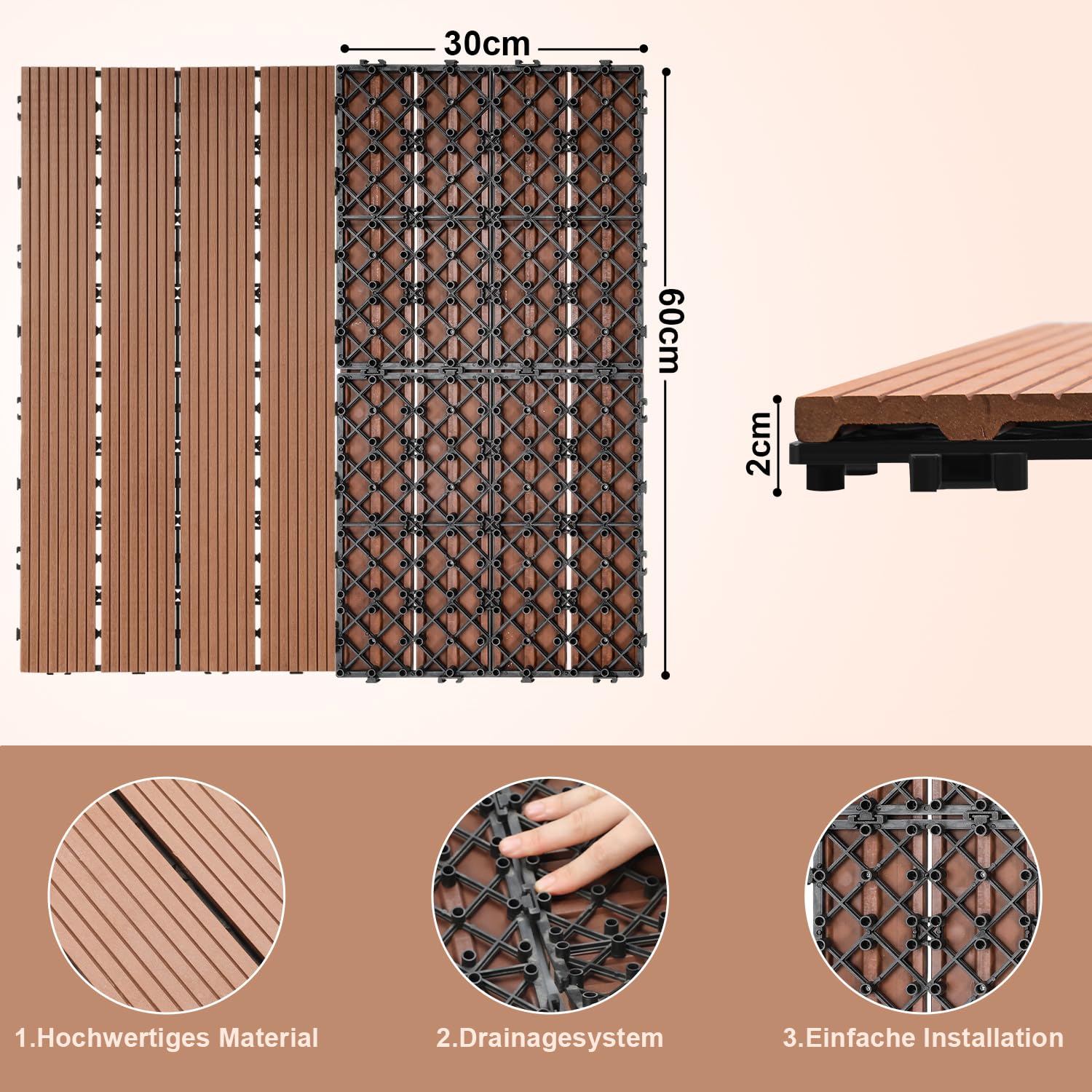 Juego de 12 baldosas de WPC para terraza, 30 x 60 cm, azulejos de plástico con clic, azulejos de WPC para 2 m², suelo con drenaje, tablones de terraza, resistentes al agua, resistentes a la