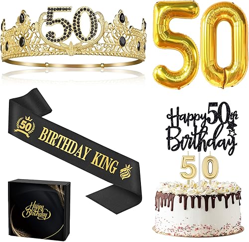 Regalos de cumpleaños 50 para hombres, decoraciones de cumpleaños 50 para hombres, corona de rey de 50 cumpleaños y banda de rey de cumpleaños 50,